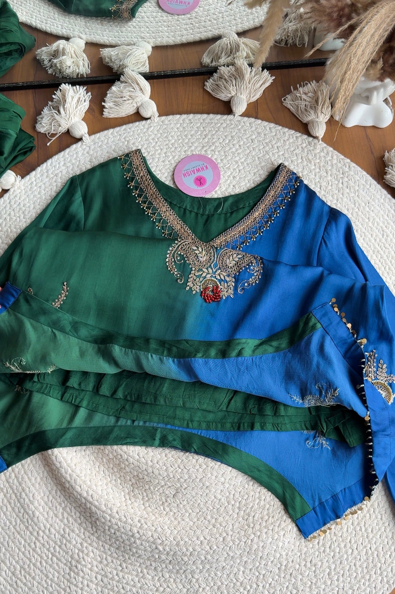 Radhika Hand Zardoshi Short Kurta With Dhoti Skirt- Blue with Green