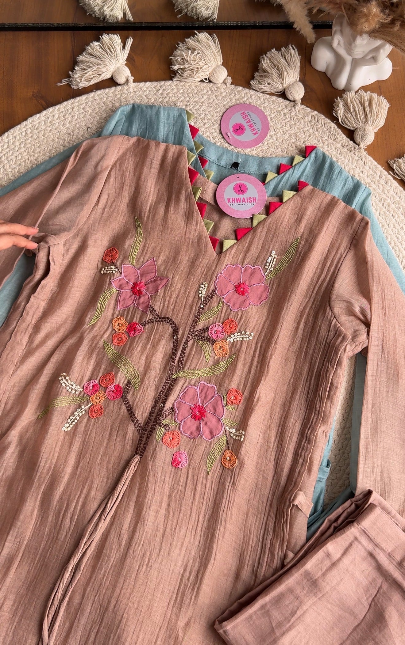 Riddhi Floral Embroidered Mul Chanderi Dress- Powder Brown