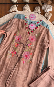 Riddhi Floral Embroidered Mul Chanderi Dress- Powder Brown