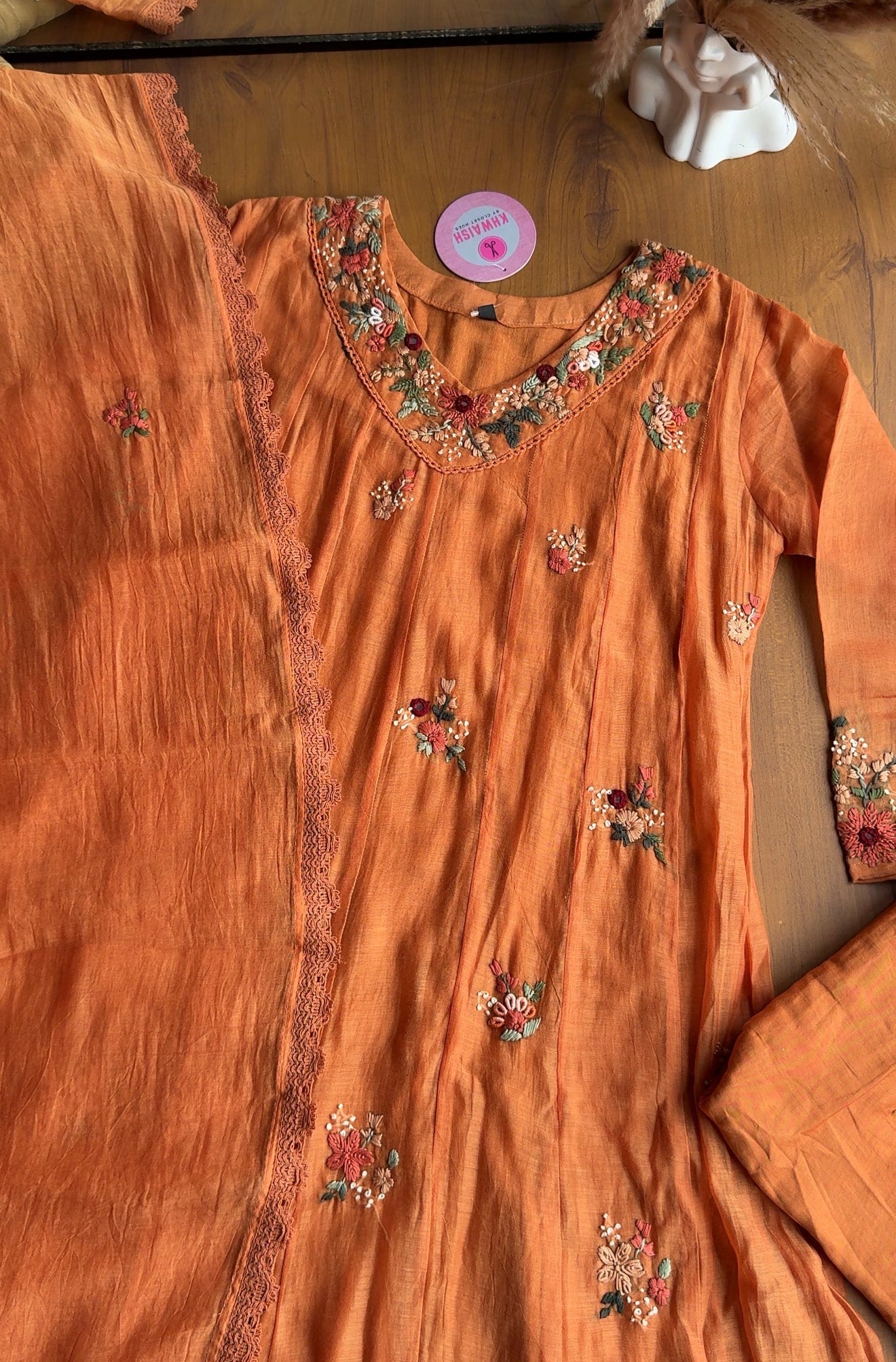 Kiran floral katha Mul Chanderi Anarkali Dress-Orange