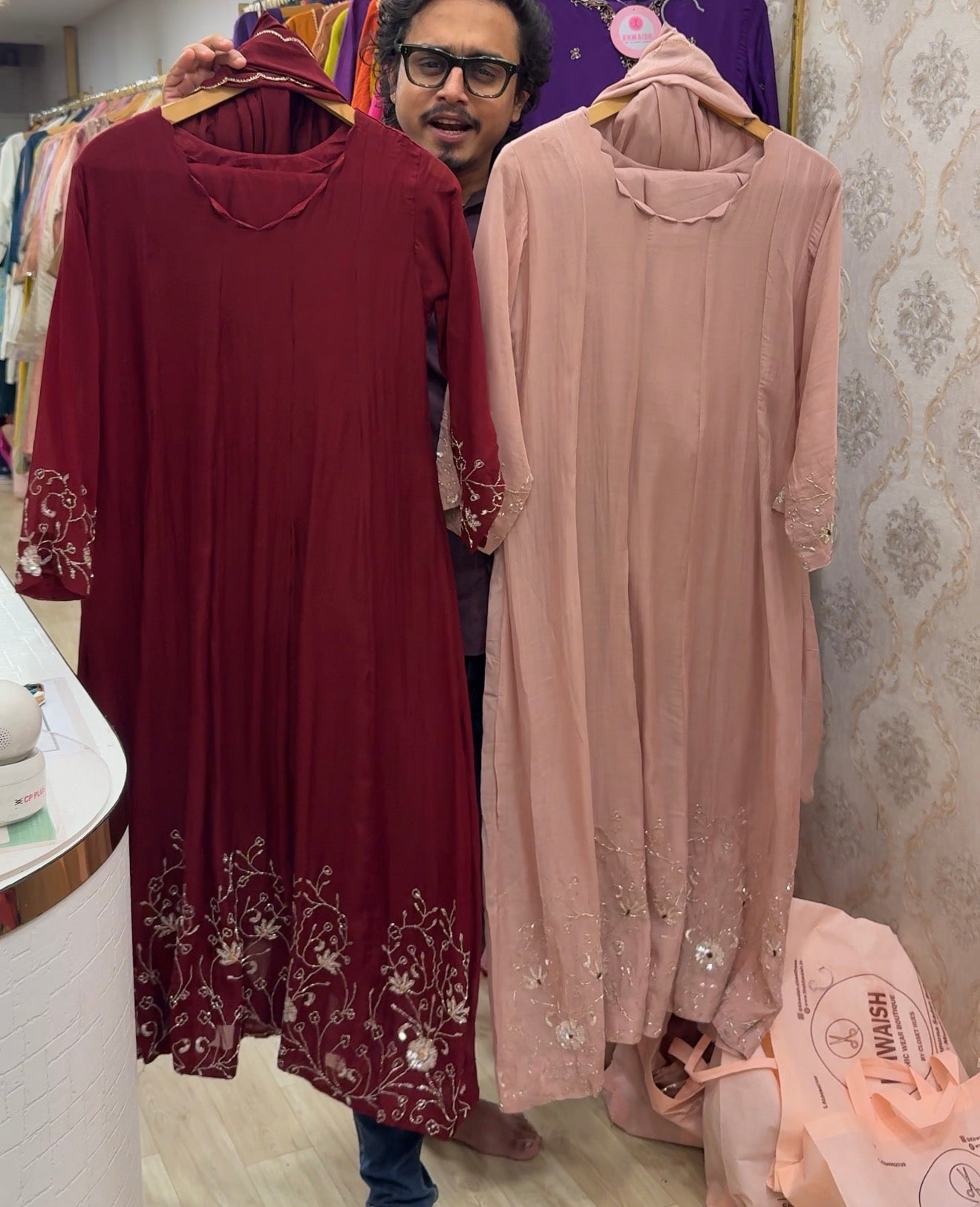 Ruhi Scalloped Neck Mul Chanderi Dress-Peach