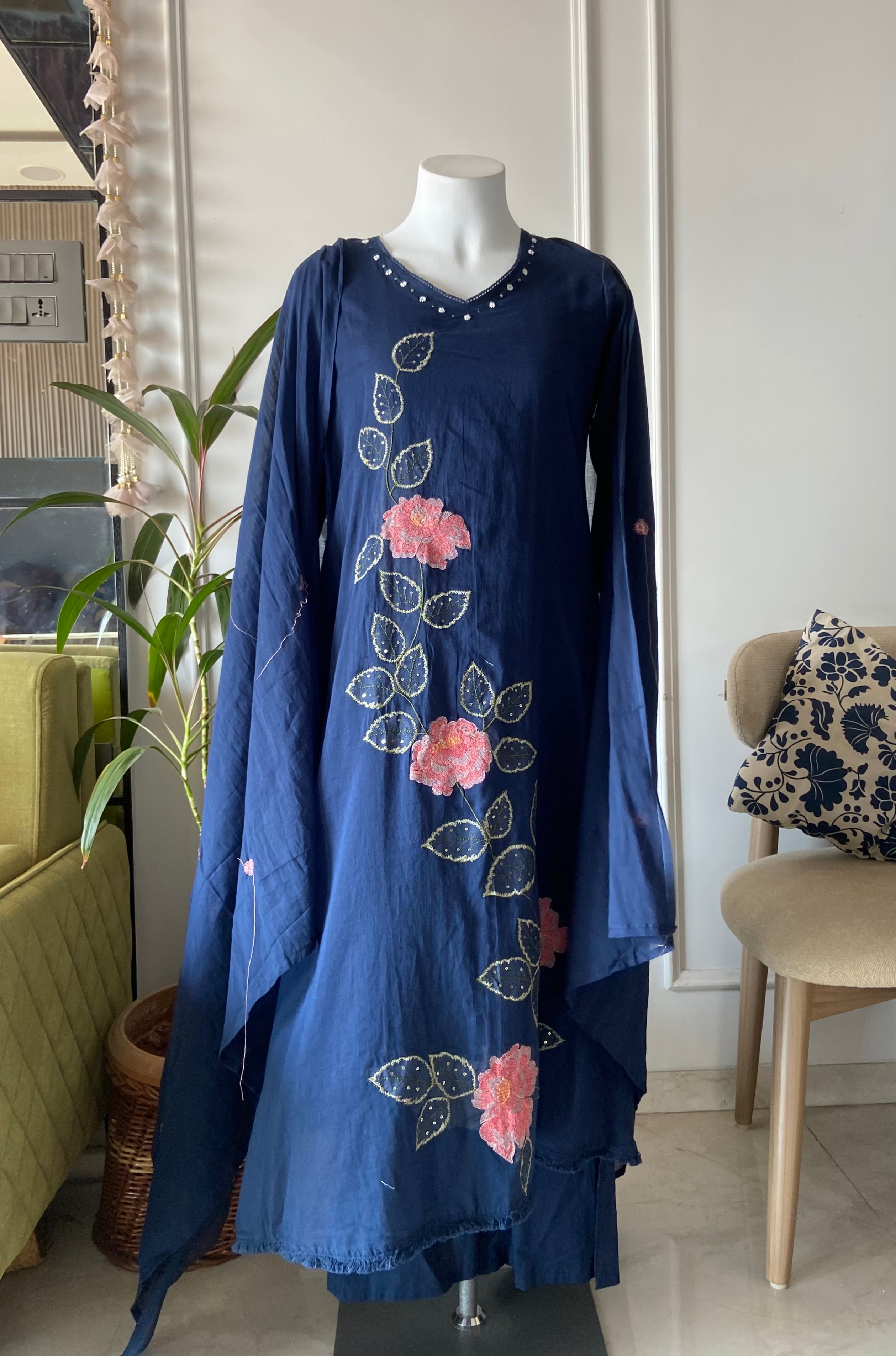 Baby floral pure mul Chanderi cotton blue
