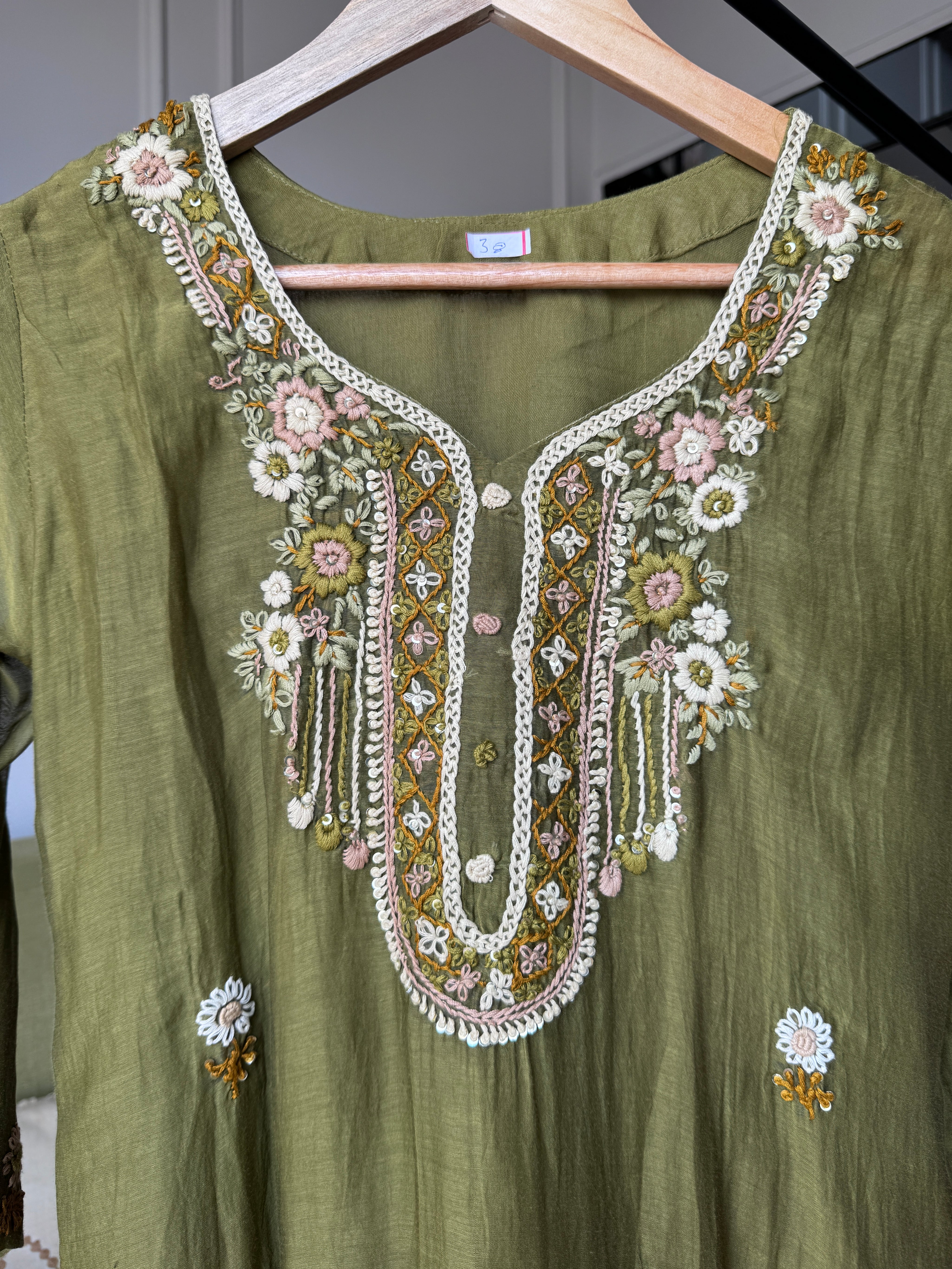 Shilpa Embroided Mul Chanderi Dress-Mehndi Green