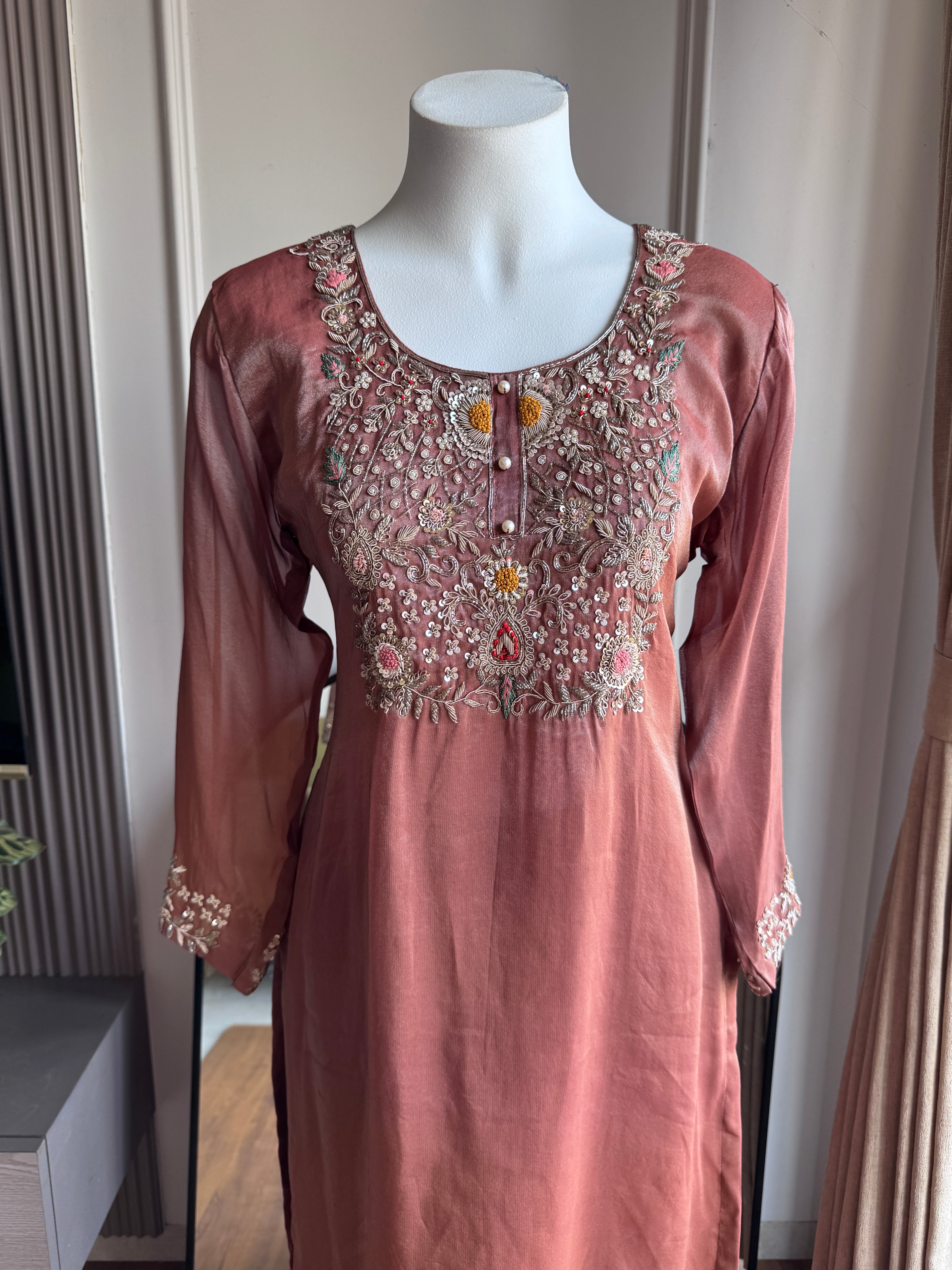 Raha Tissue Short Kurta Plazzo  Dress- Brown