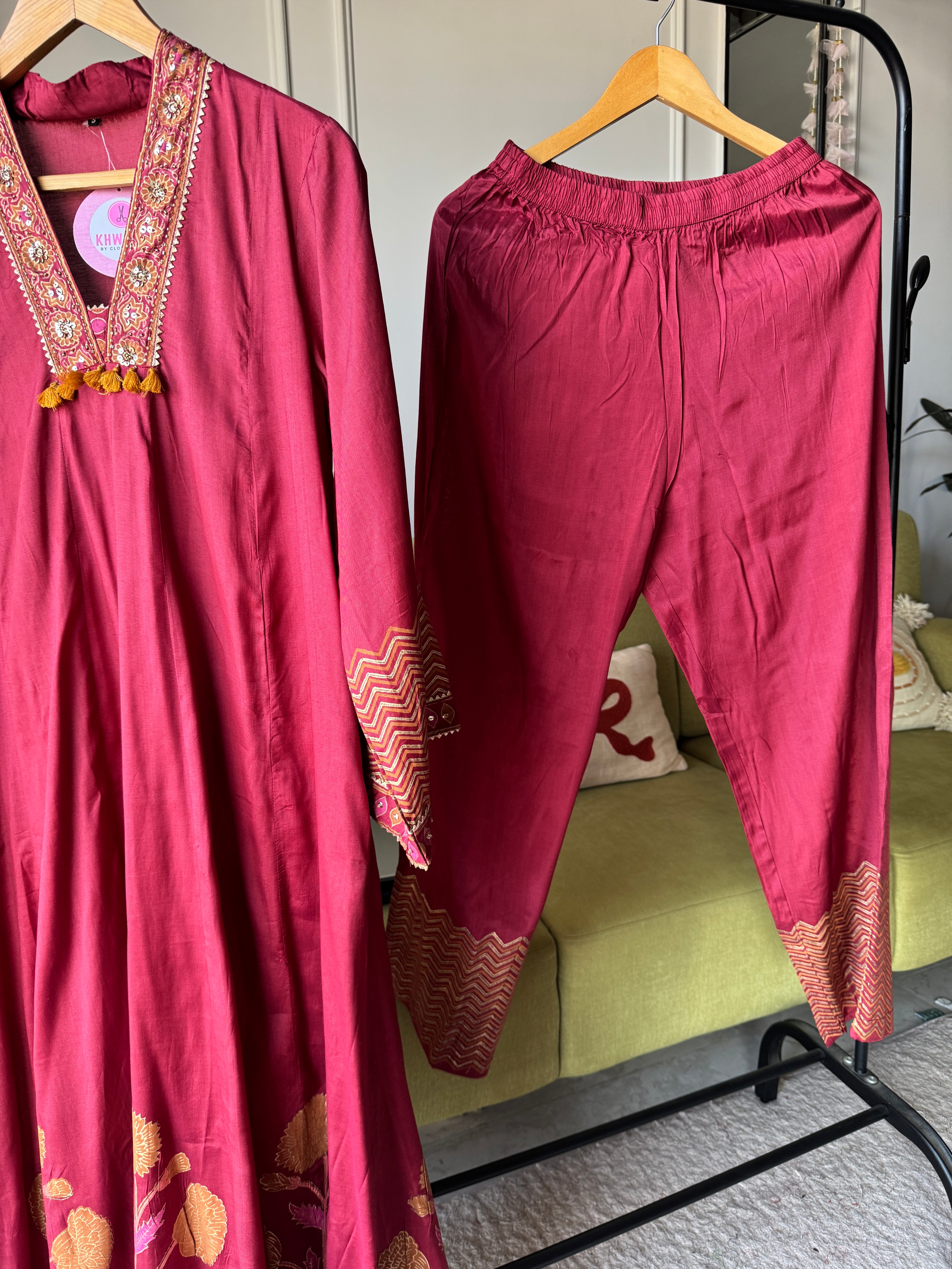 Asifa Patchwork Muslin  Dress- Maroon