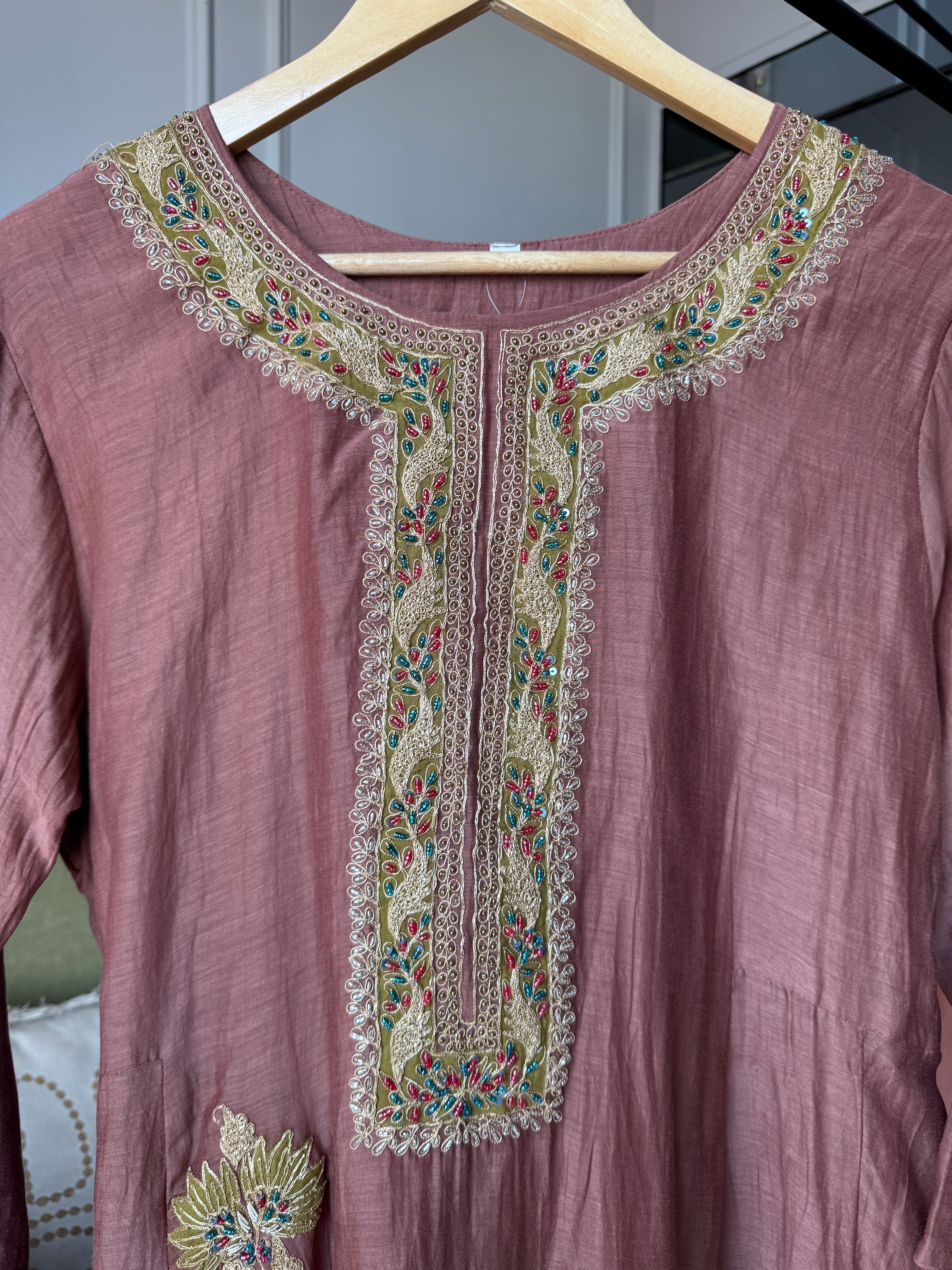 Vaibhavi Handwork Mul Chanderi Dress- Dusty Brown