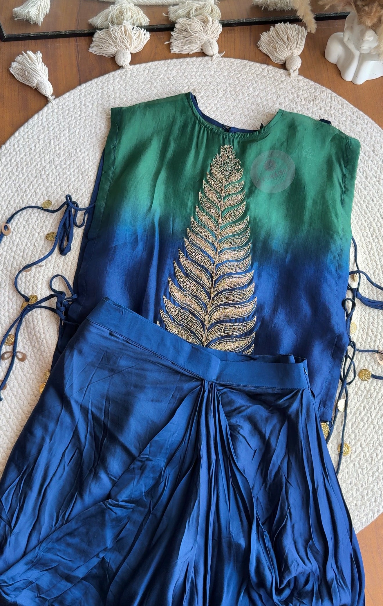 Usha Peacock Handwork Skirt Drape Set- Blue with Green