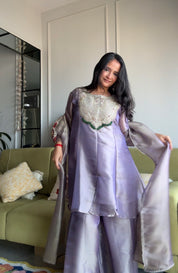 Shanaya Organza Emerald Necklaces Yoke Short Kurta With Plazzo- Lilac