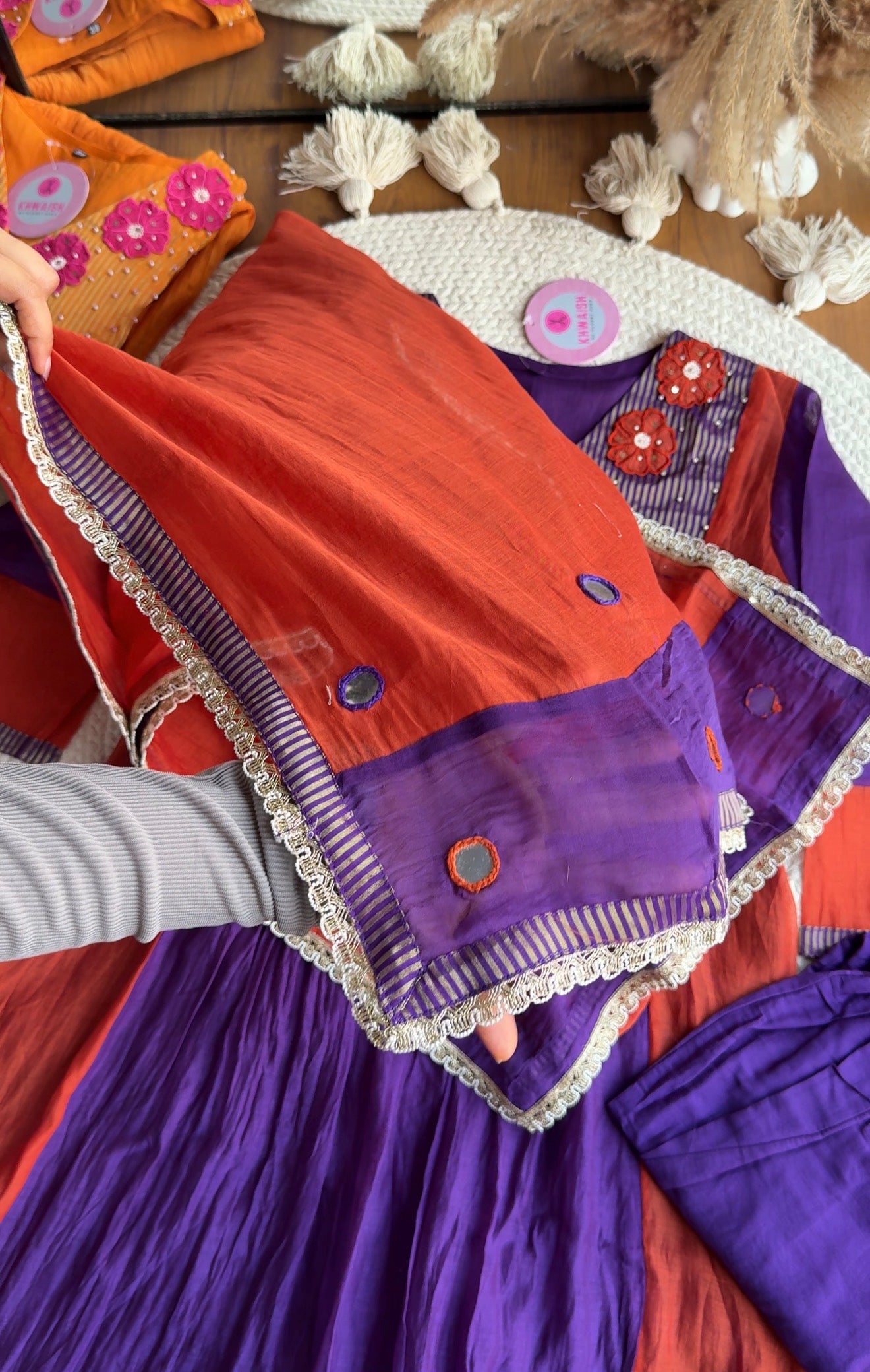 Saili Contrast Panel Mul Chanderi Dress-Purple With Rust