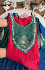 Kaushalya Colour Blocking Hand Work Aline Dress-Red