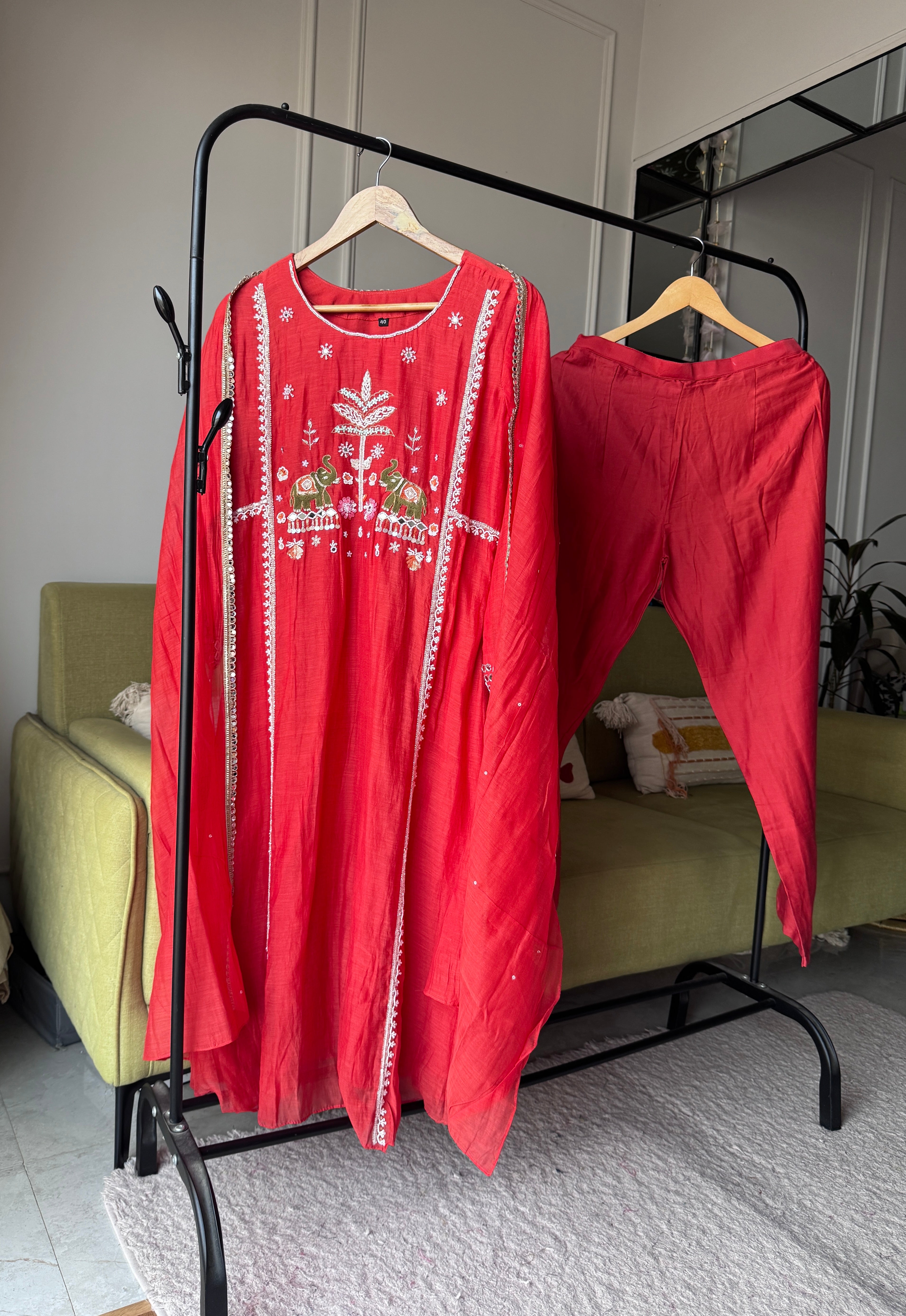 Darshana mul chanderi Handwork dress- Rust