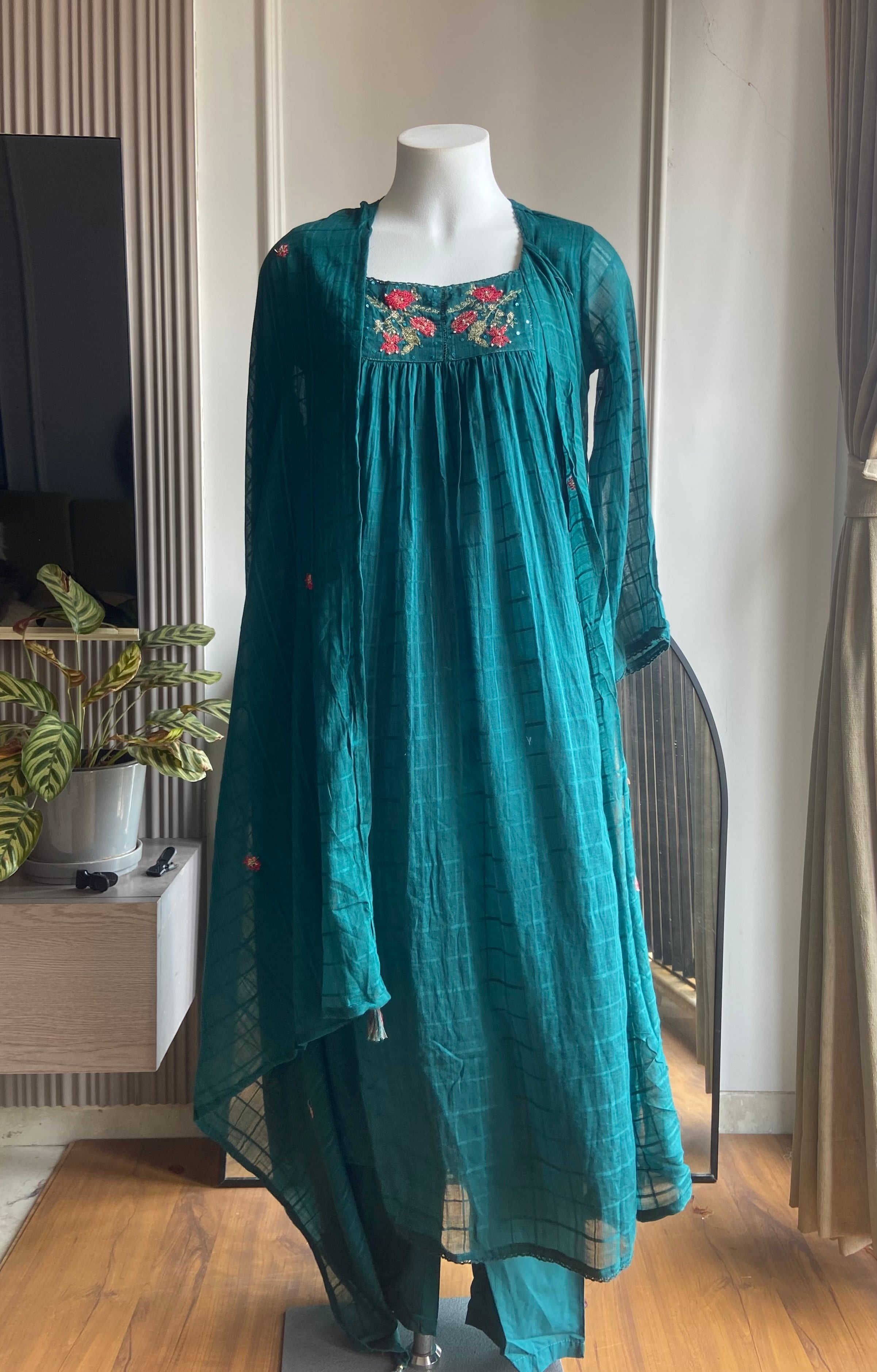 Somya box neck embroidered mul cotton dress (teal blue)