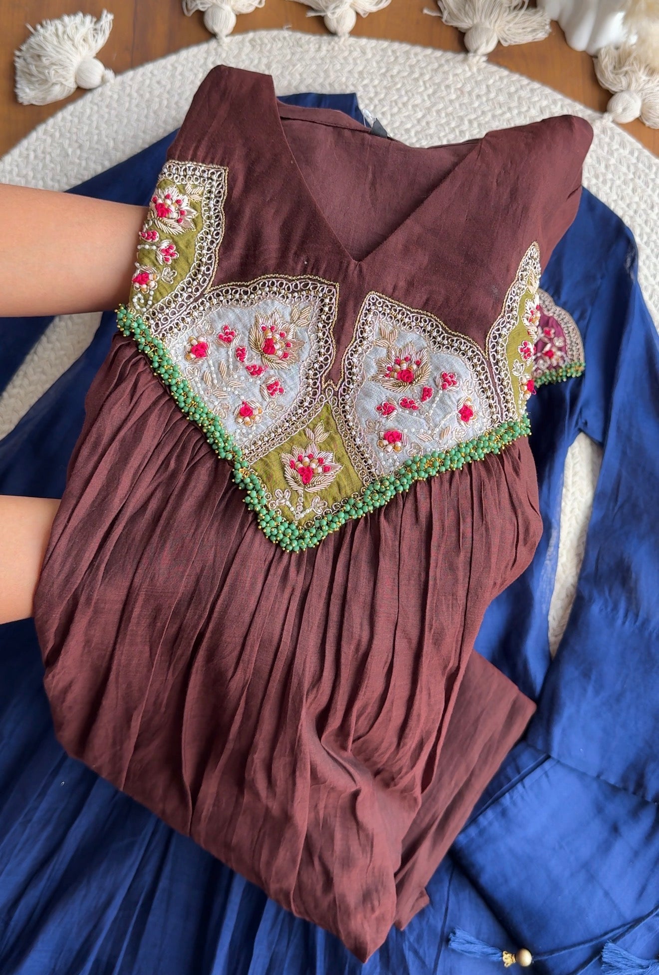 Saloni Hand Work Tassel Mul Chanderi Dress- Brown 🤎