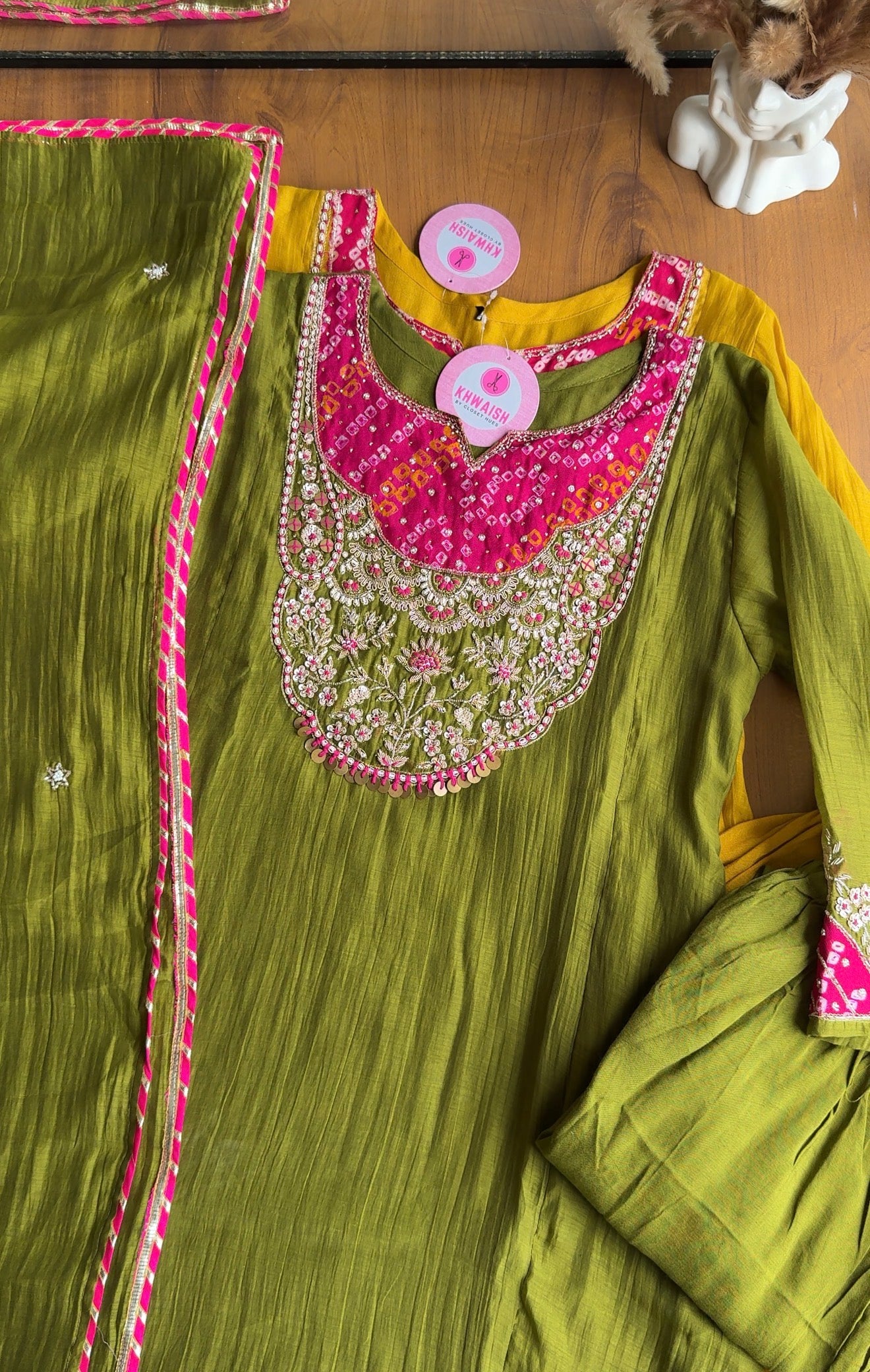 Veeral Bandhani Hand Work Aline Dress- Green
