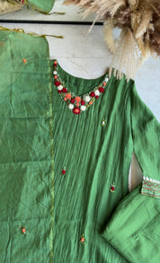 Chandrika Katha Work Mul Chanderi Dress- Green (Make to Order)