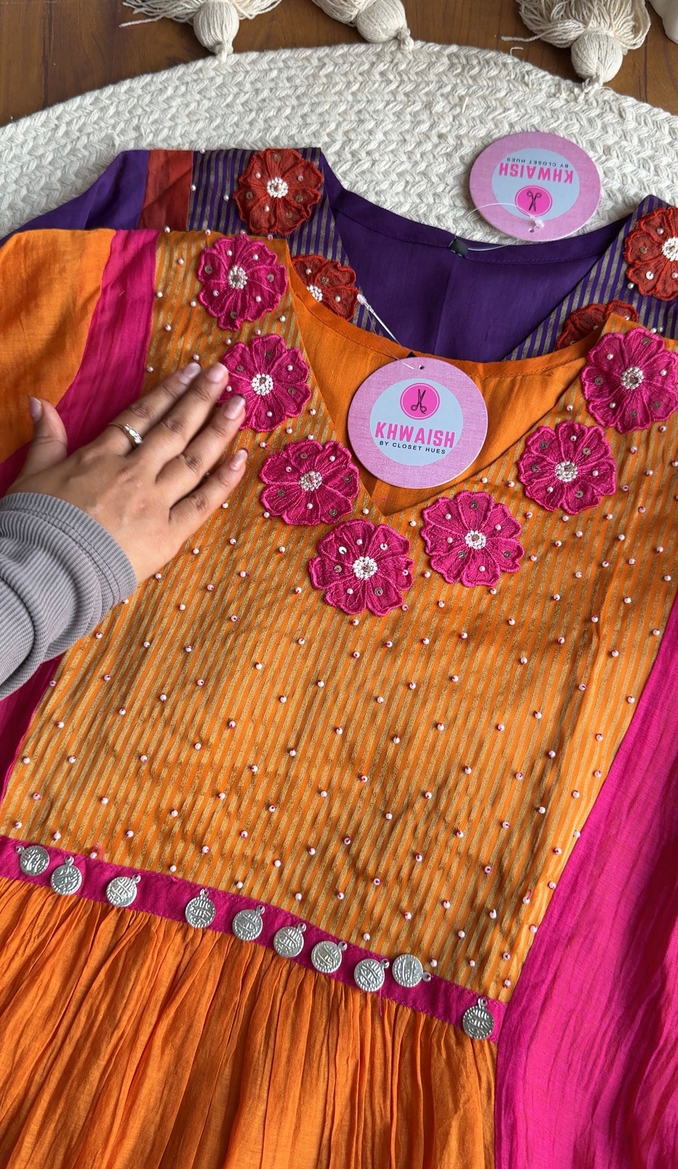 Saili Contrast Panel Mul Chanderi Dress-Pink With Orange