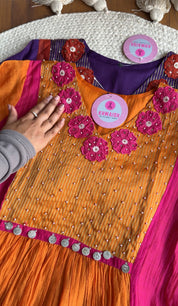 Saili Contrast Panel Mul Chanderi Dress-Pink With Orange