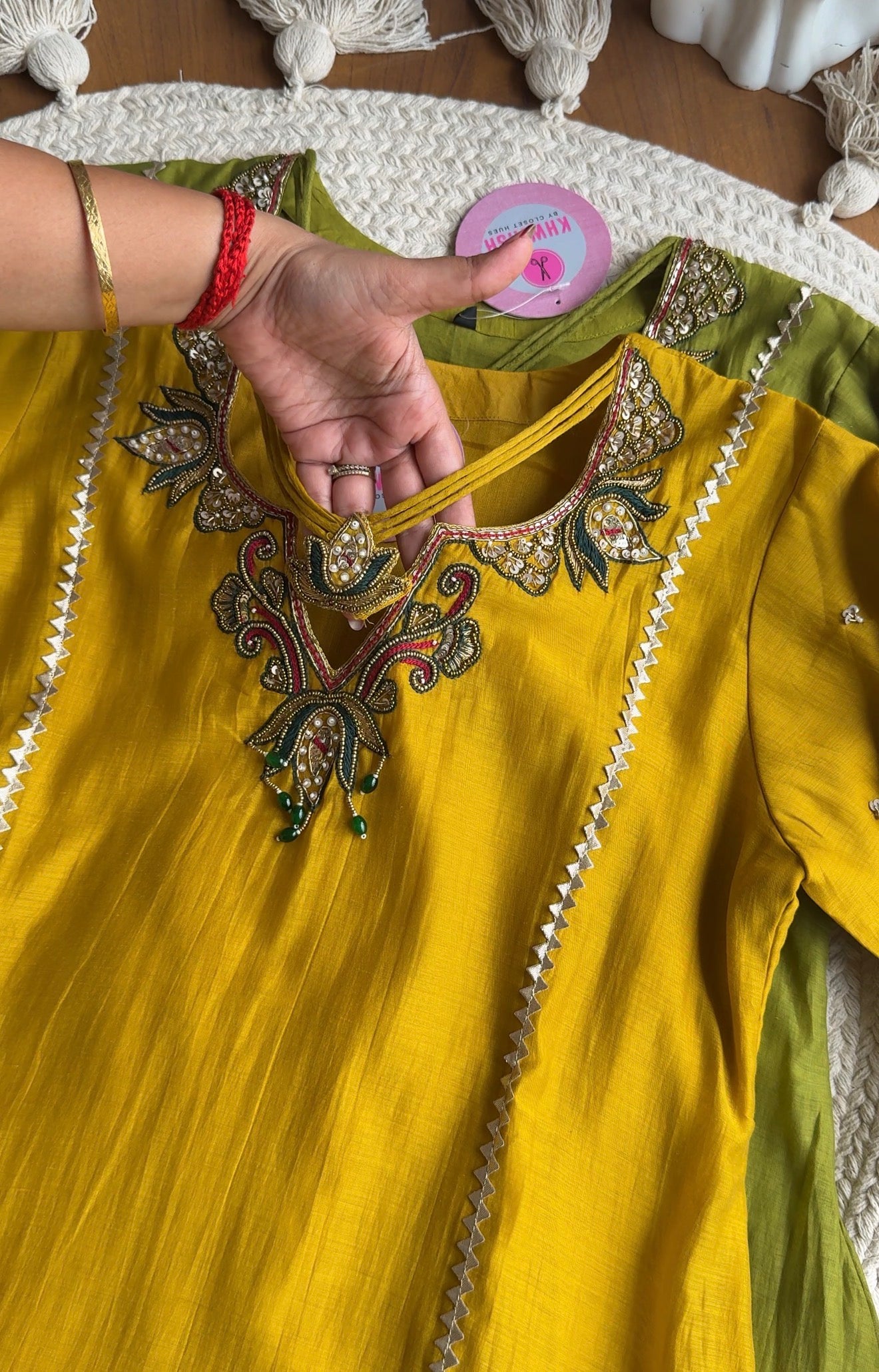 Pooja Necklaces Mul Chanderi Dress- Yellow