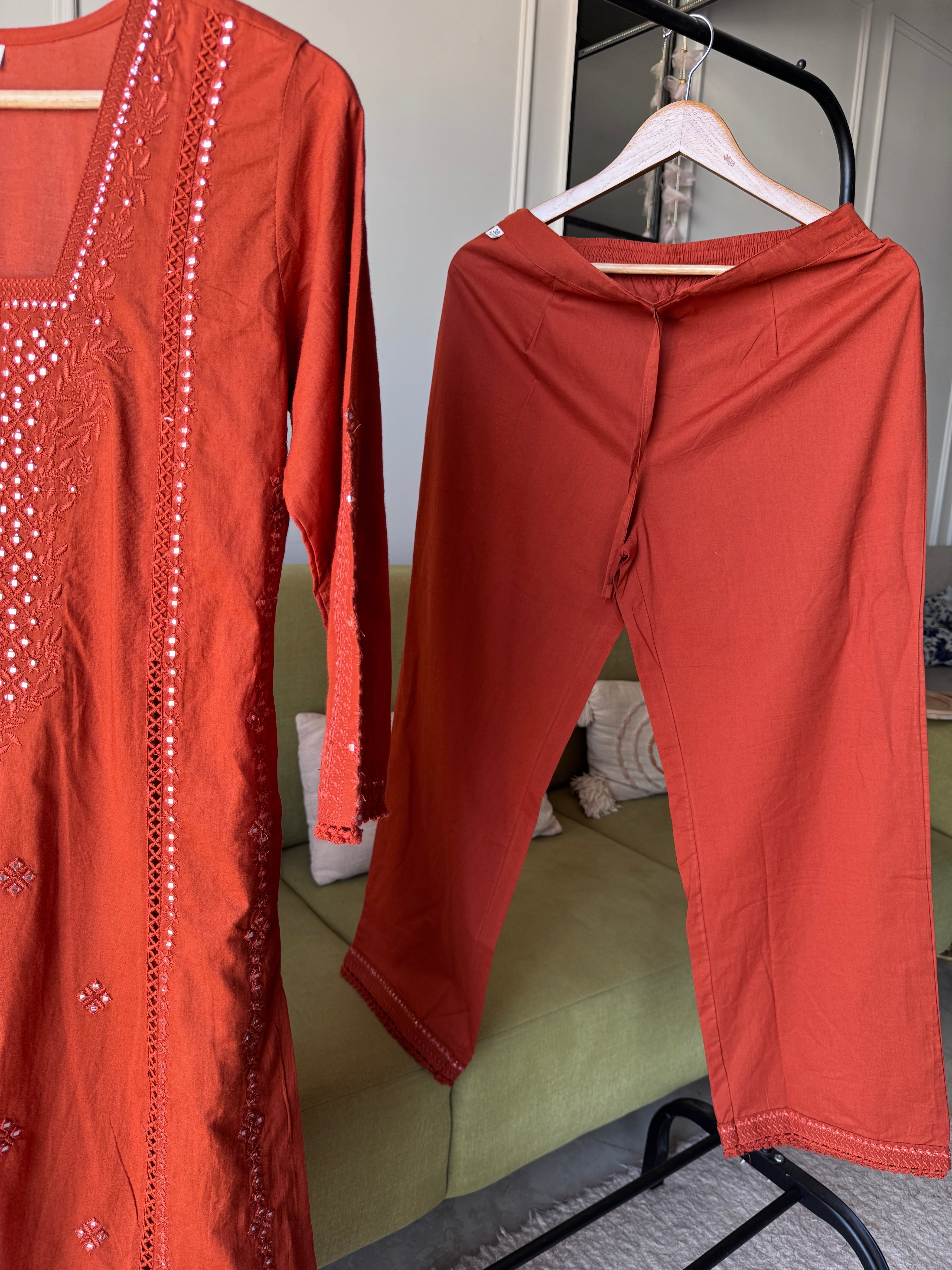 Tanya Embroided Cotton Dress- Rust