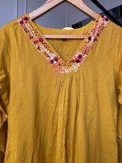 Disha Embroided Mul Cotton Dress- Musturd