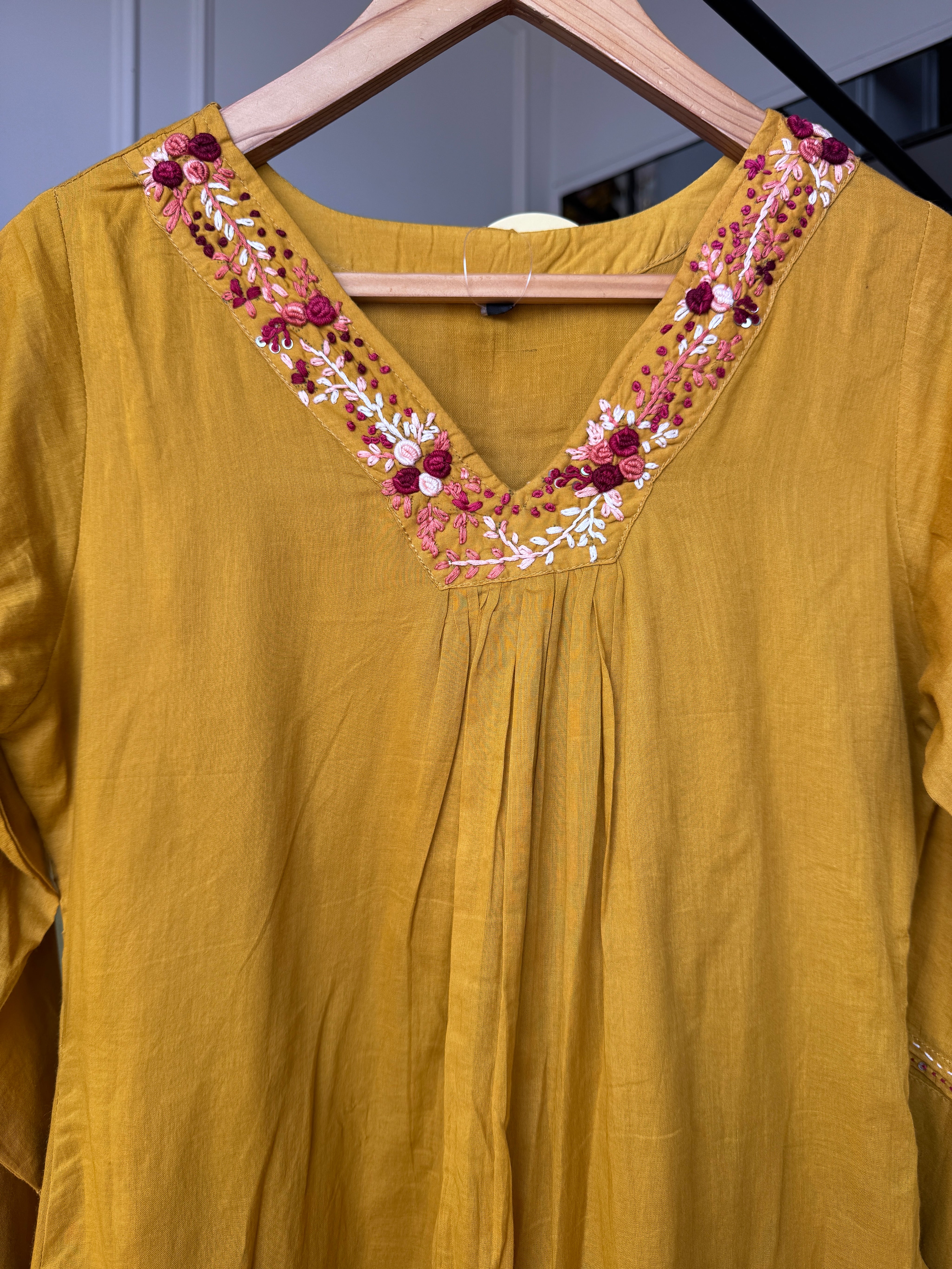Disha Embroided Mul Cotton Dress- Musturd
