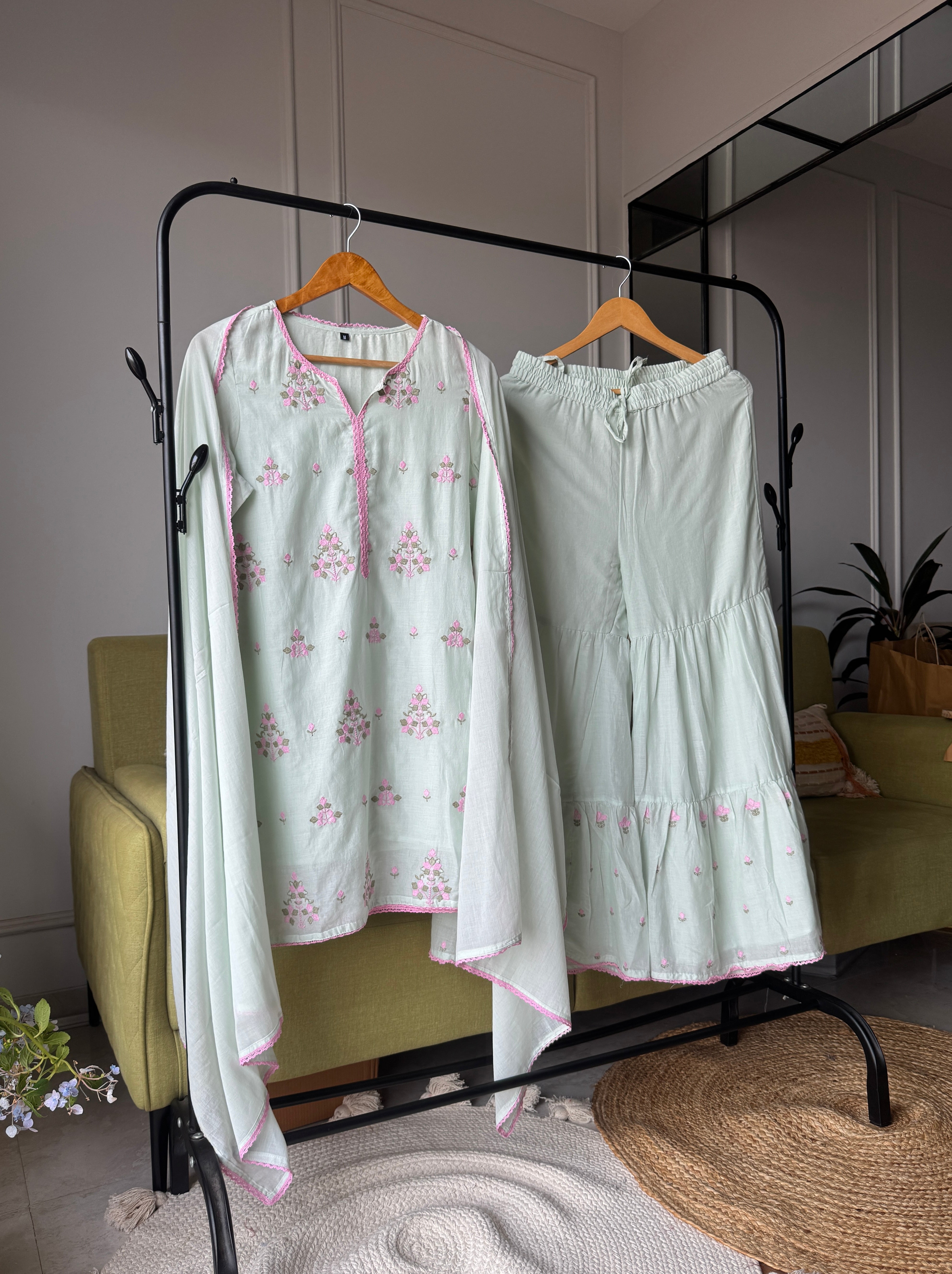 Glossy Embroided Set With Plazzo