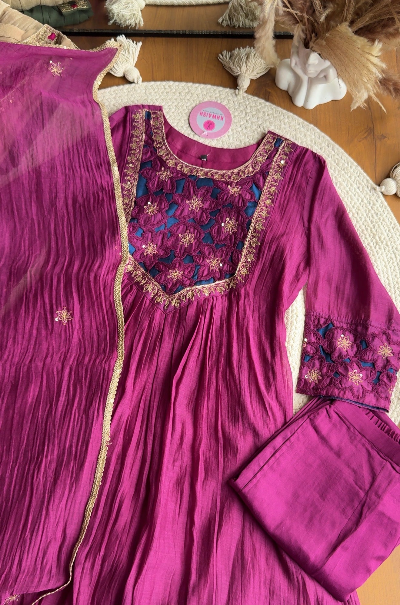Riya cutwork Contrast Anarkali Dress- Purple