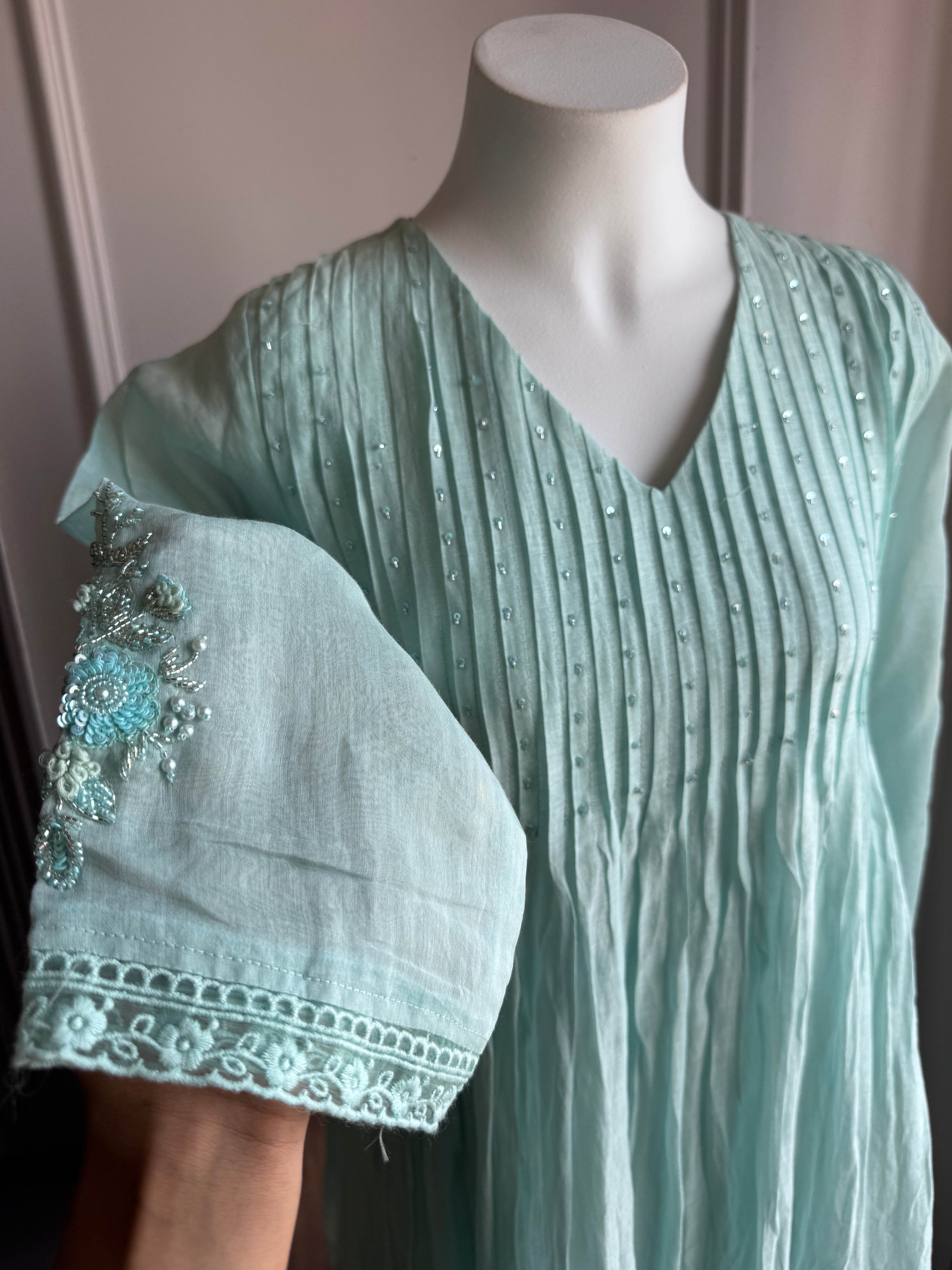 Pushti Handwork Mul Chanderi  Dress - Powder Blue