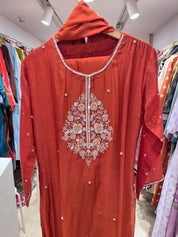 Vini Mul Chanderi Handwork Dress- Rust