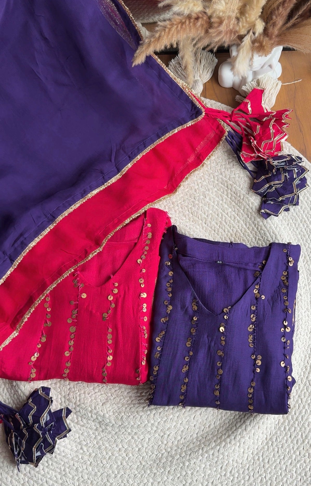 Tanisha Sequins All Over Scalloped Finishing DressWith Contrast Pants And Dupatta- Reddish Pink
