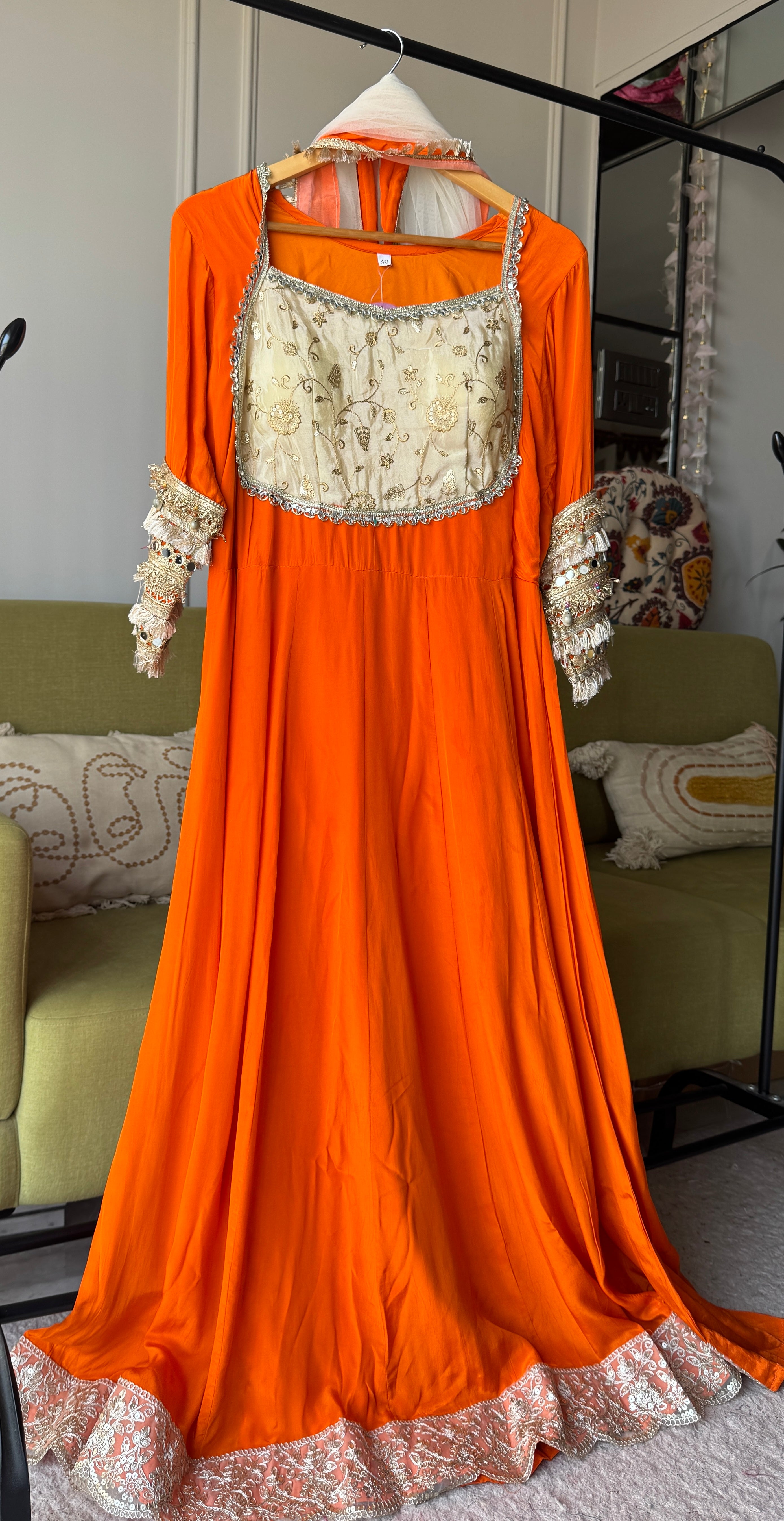 Gita Zari Work Gown Set- Orange