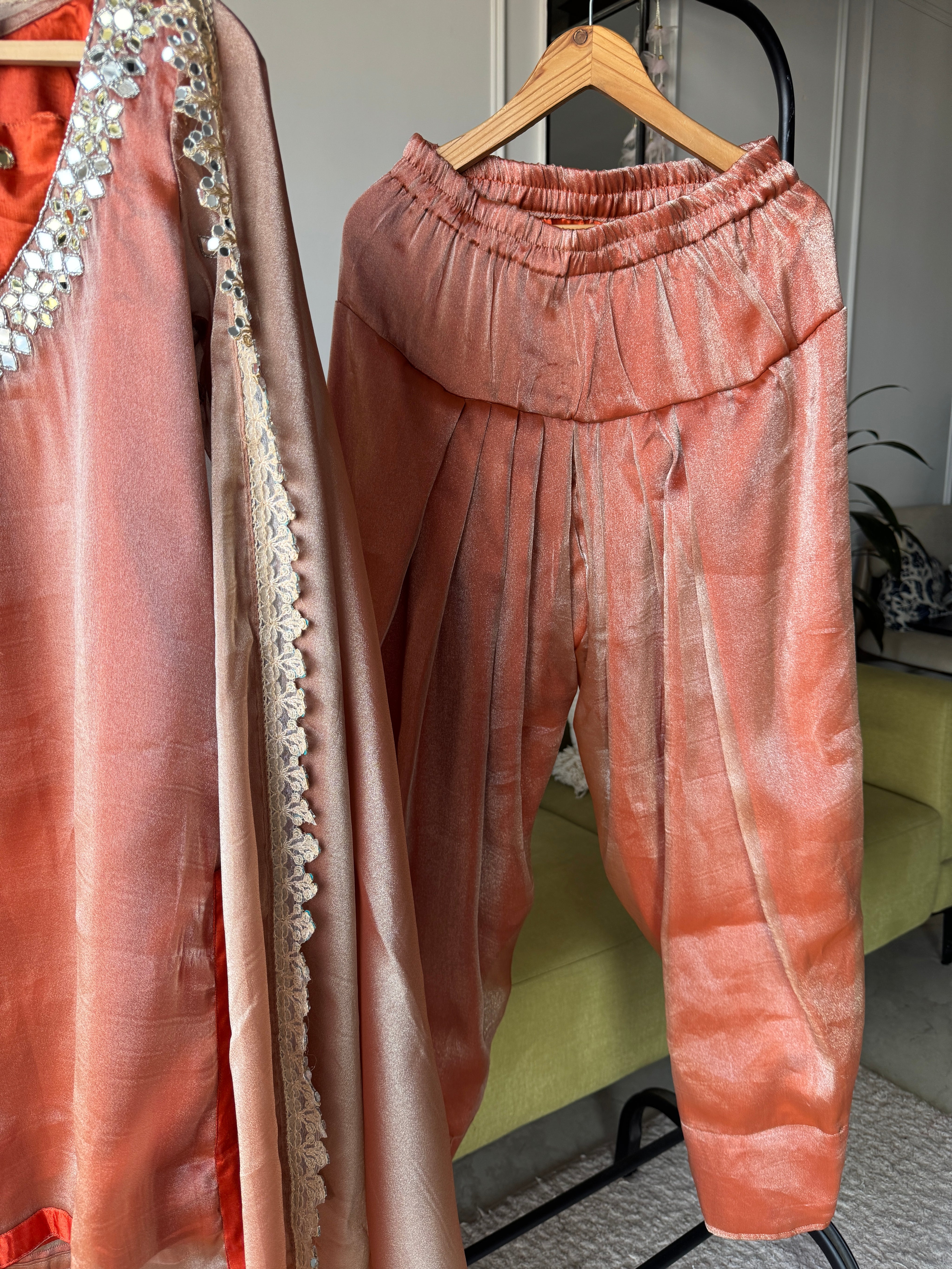 Niha Glass Tissue Mirror Work Dress- Rust