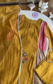 Geet  Contrast Panel Embroidered Dress-Yellow