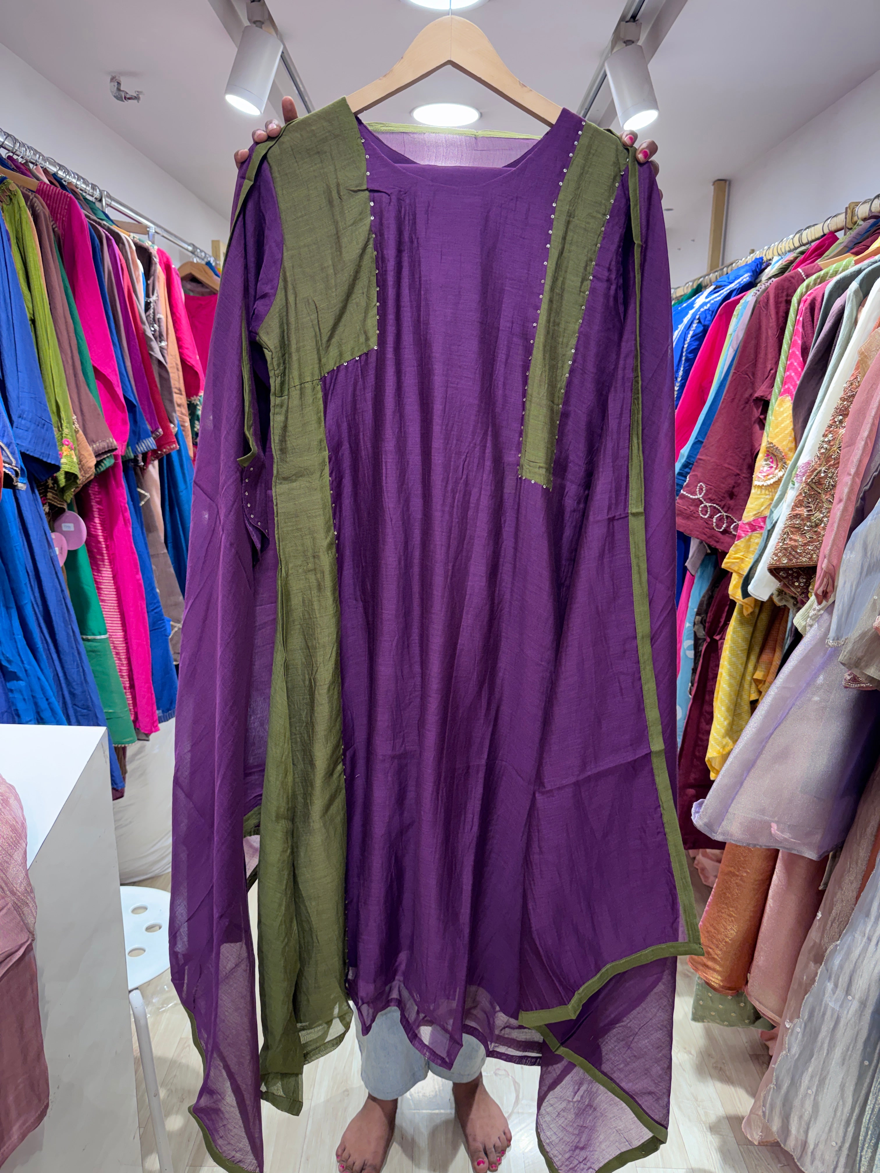 Saarthi Contrast Panel Mul Chanderi Dress- Purple