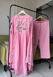 Shrishti Floral Embroided Cotton Dress-Baby Pink