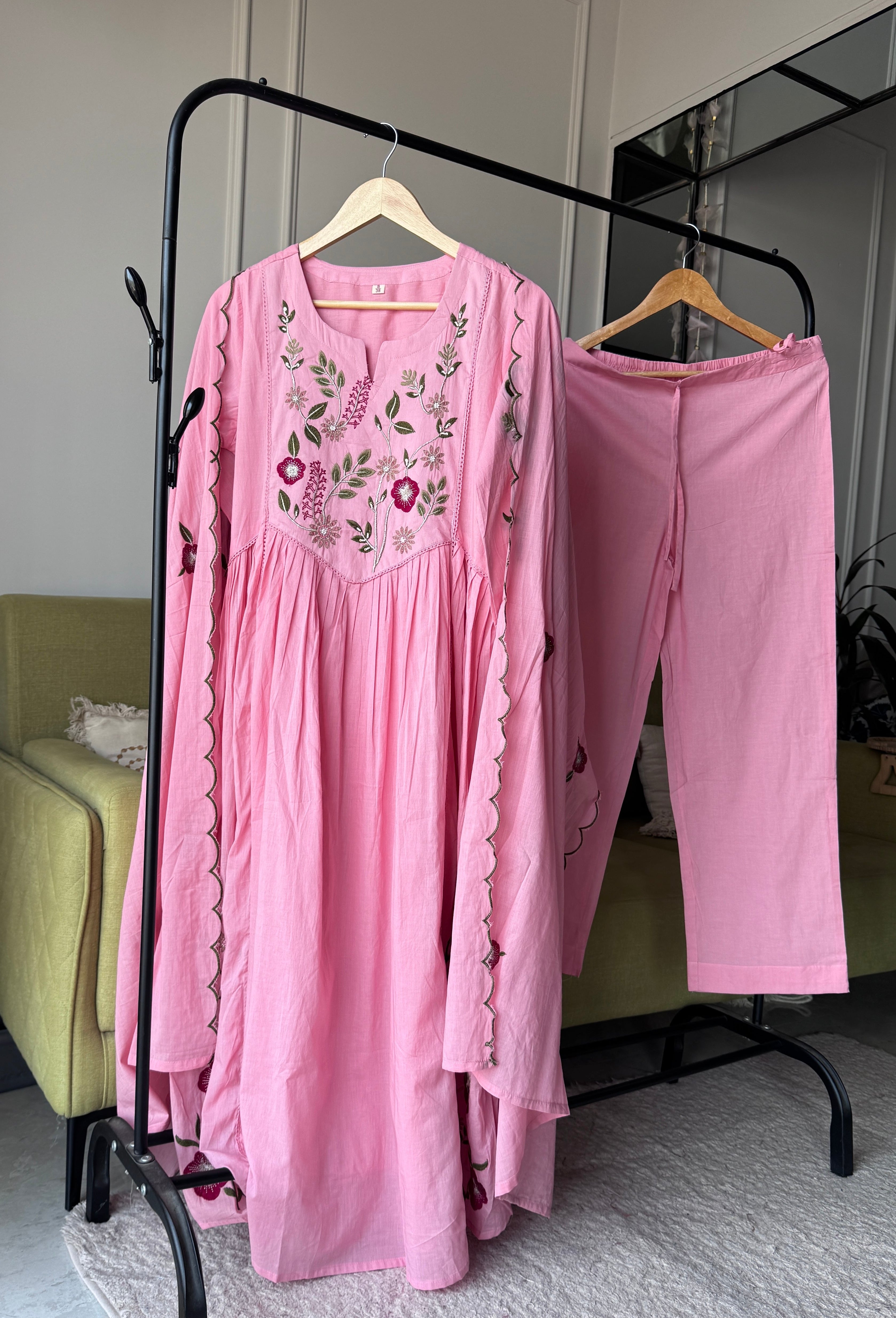 Shrishti Floral Embroided Cotton Dress-Baby Pink