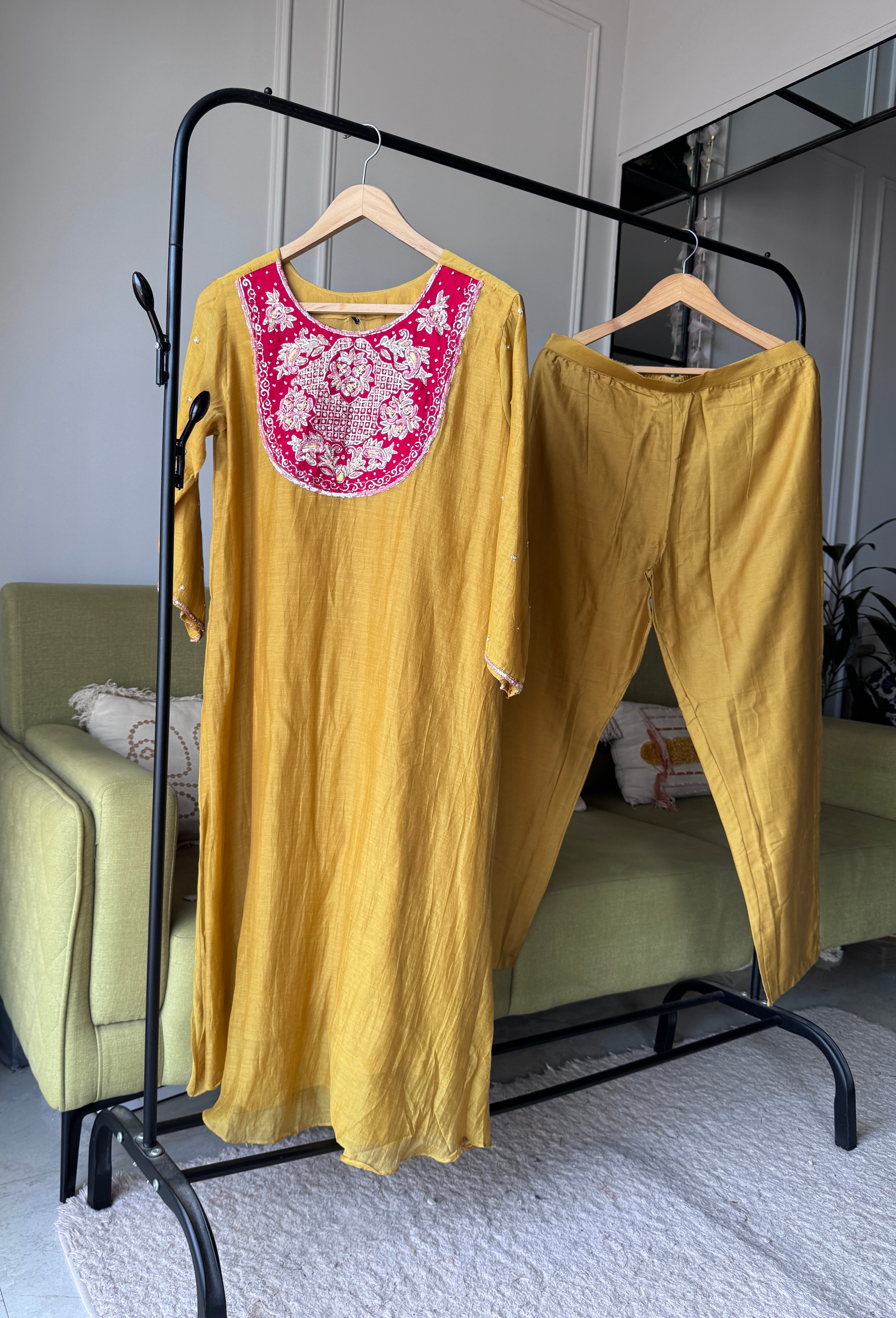 Ridhima Handwork Mul Chanderi Dress- Yellow