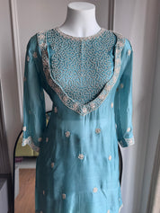 Zheel Handwork Bustier With Short Kurta And Plazzo Pants- Sky Blue(Make to Order)