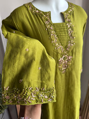 Sweena Handwork Mul Chanderi Dress- Pista Green