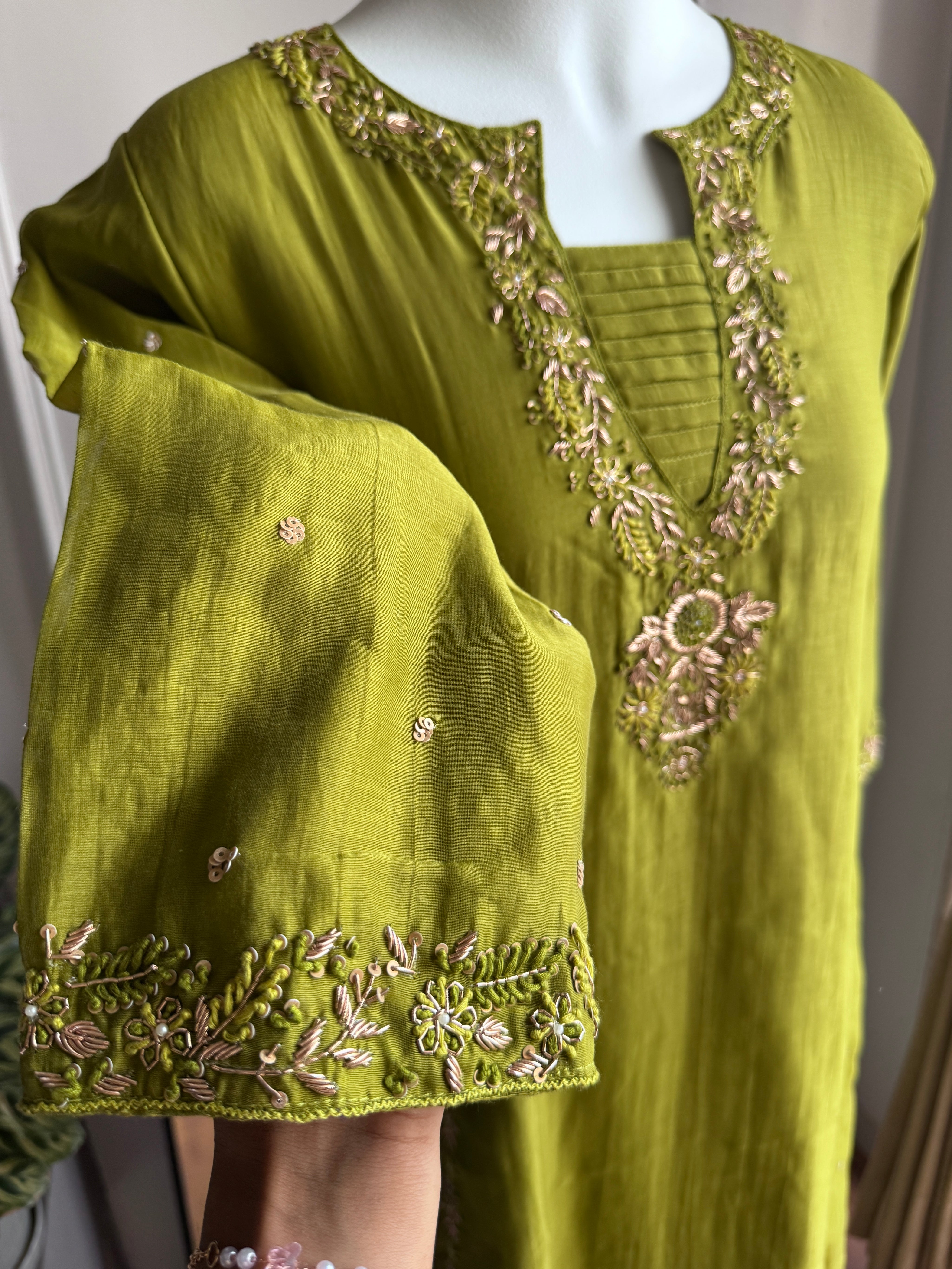 Sweena Handwork Mul Chanderi Dress- Pista Green