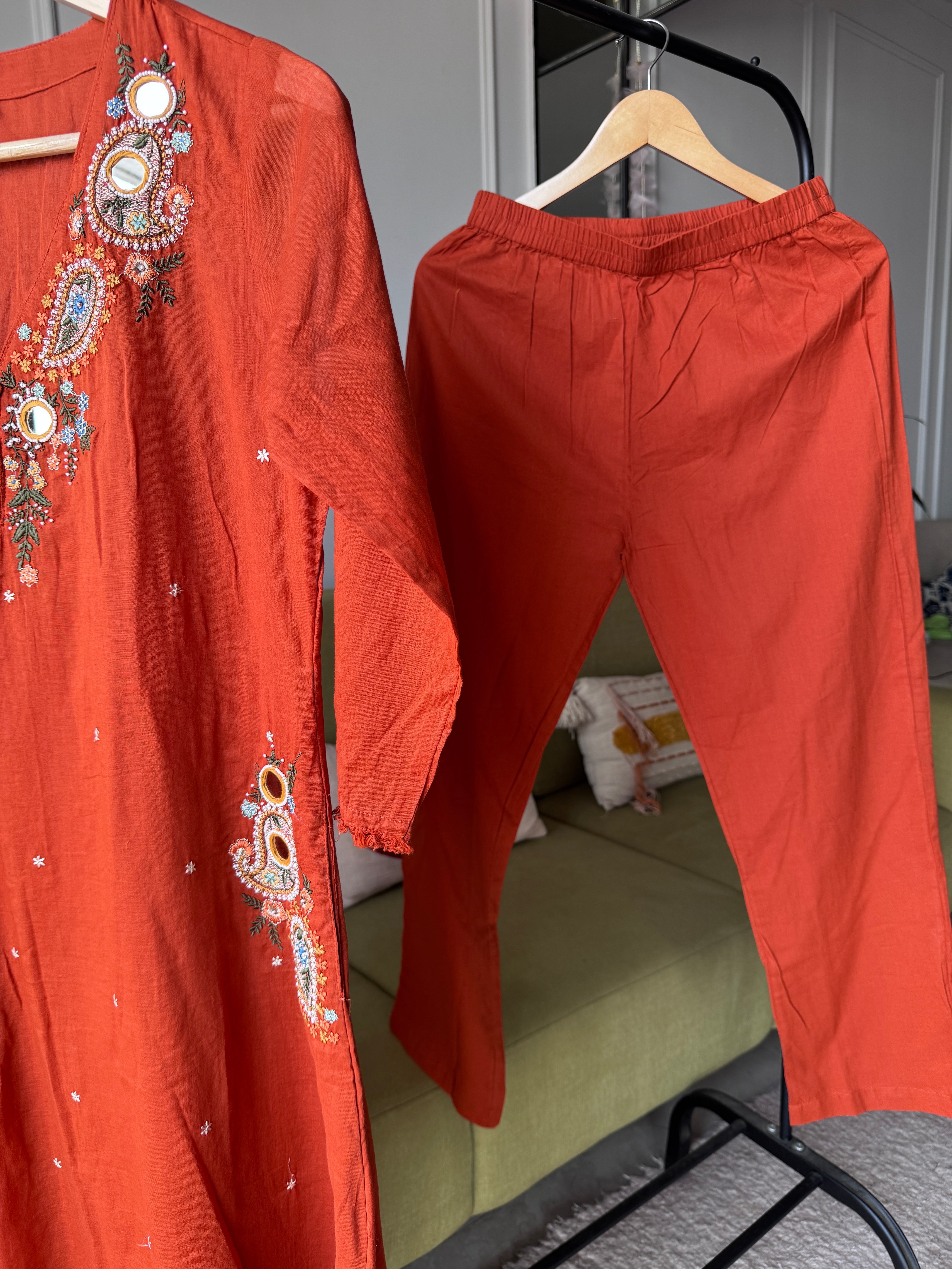 Mannat Pocket Embroided Mul  Cotton Dress- Rust