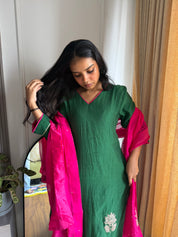 Charvi Contrast Dupatta Mul Chanderi Dress- Bottle Green