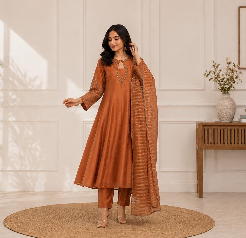 Kinjal Heavy Hand Zardosi Dress- Orange (Pre Order 12 Days)