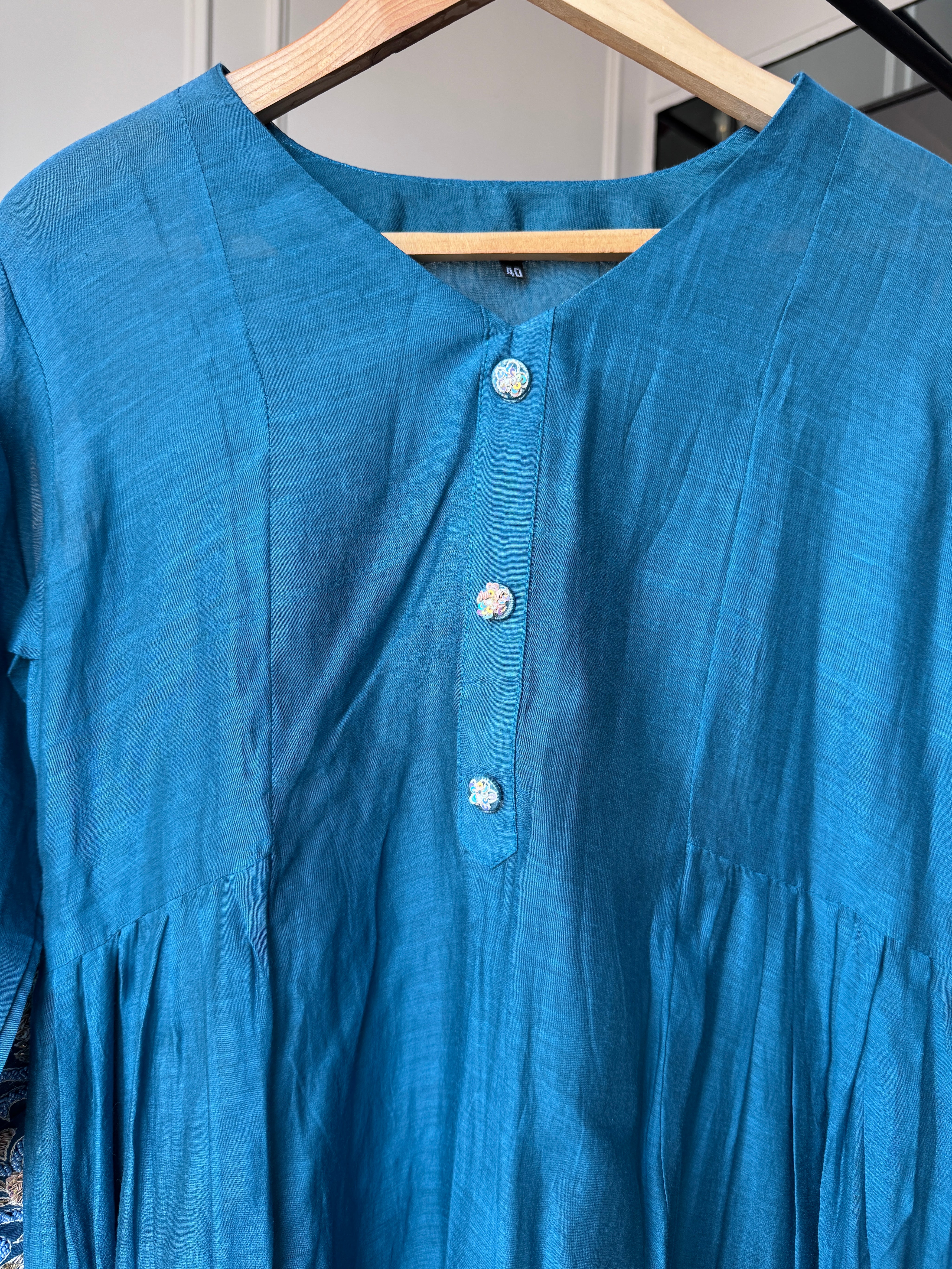 Shreya Sleeves Handwork Mul Chanderi Dress- Blue