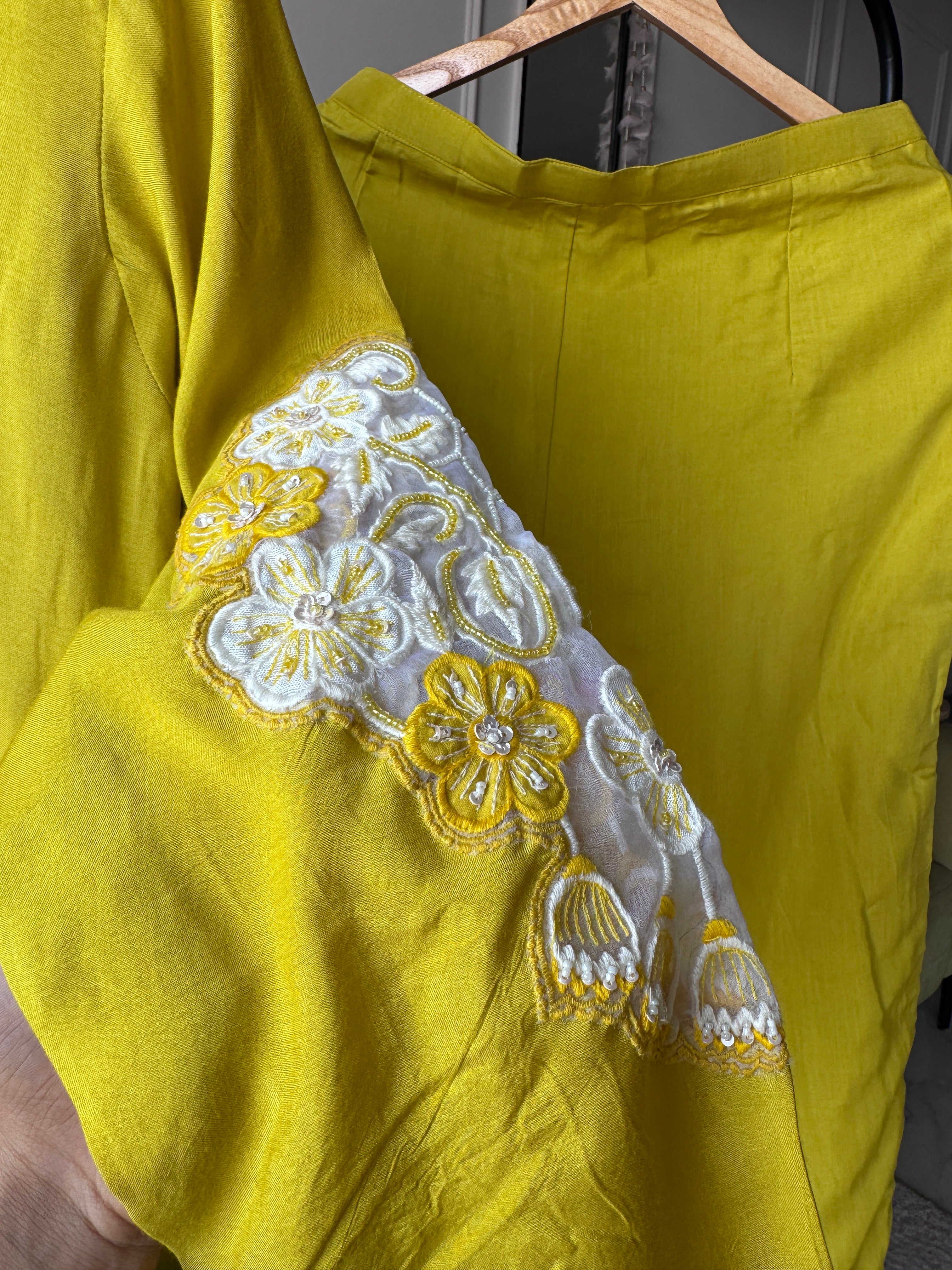 Dipti Russian Silk Handwork Dress- Yellow