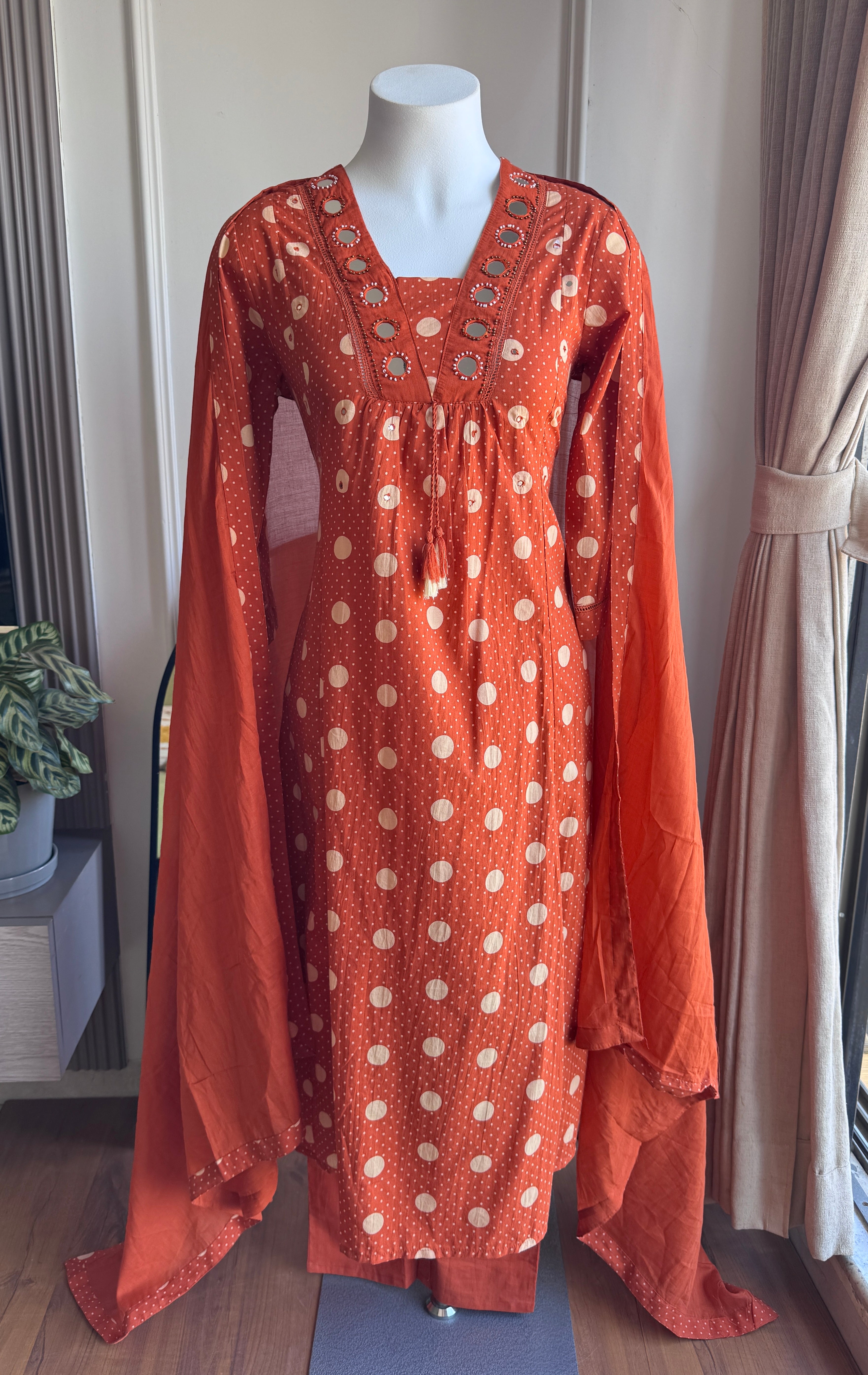 Pavithra Polka Dot Cotton Dress-Rust