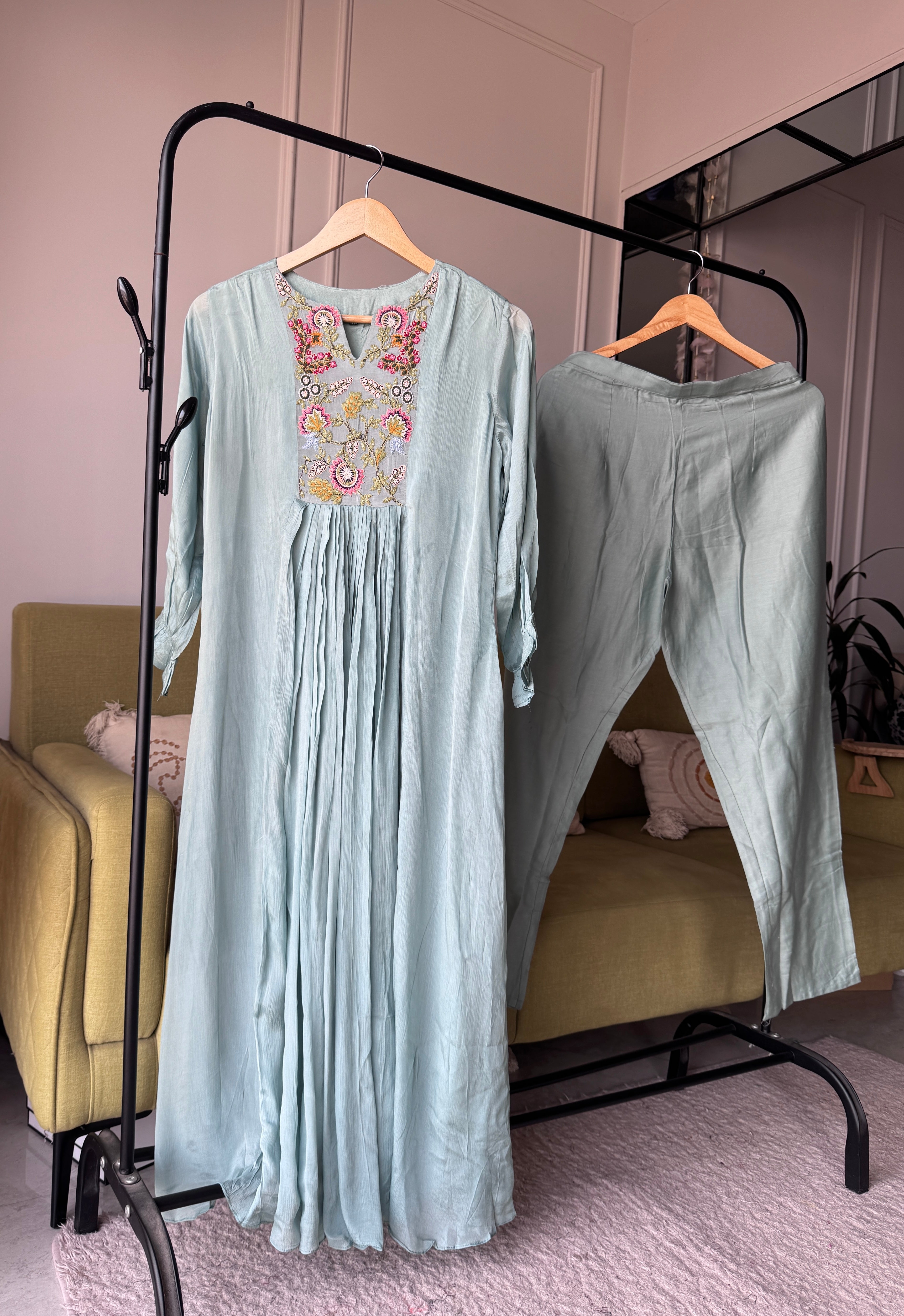 Dimple Chinon Handwork Dress- Powder Blue