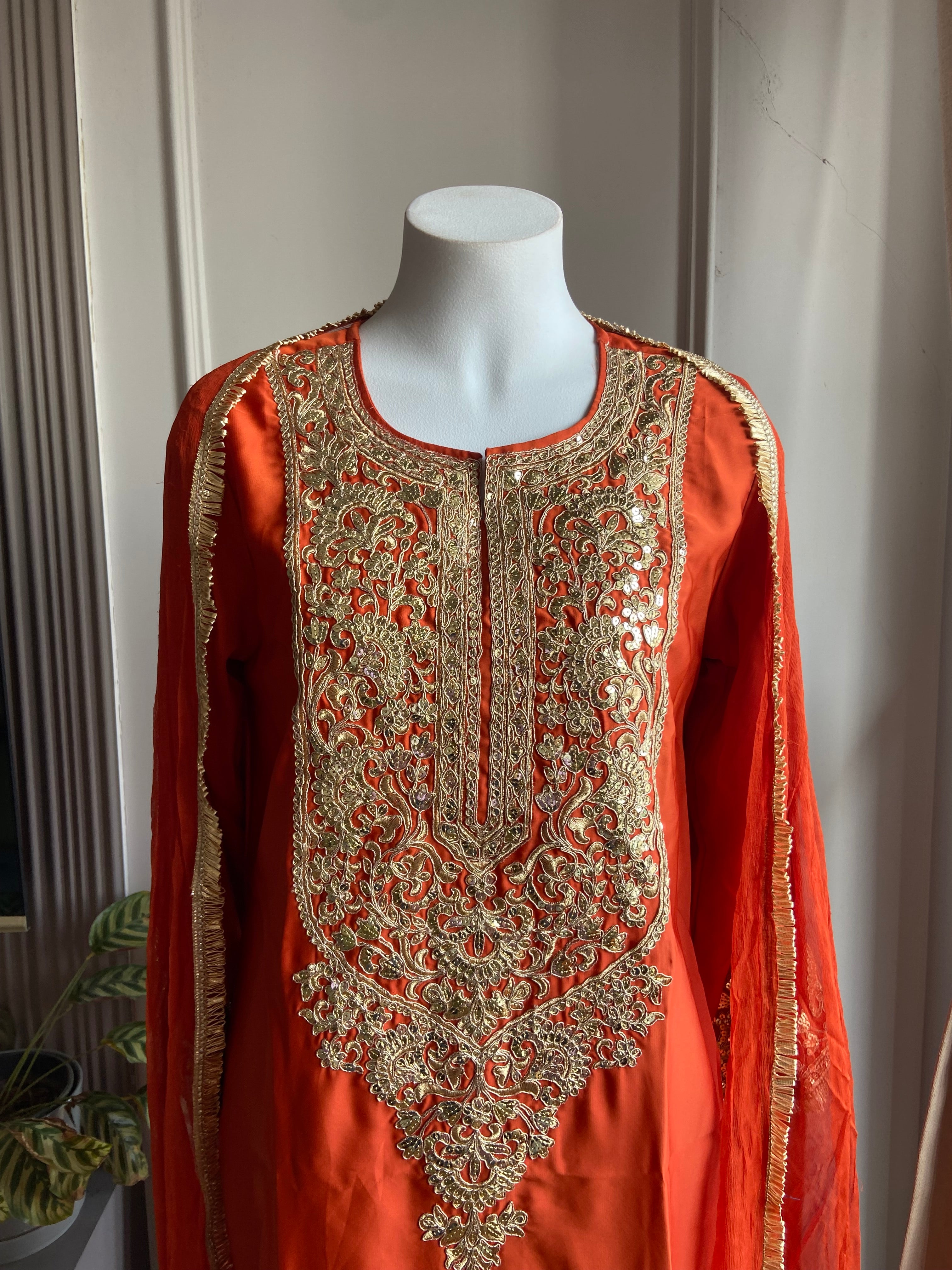 Sejal Machine Embroidery Dress- Rust