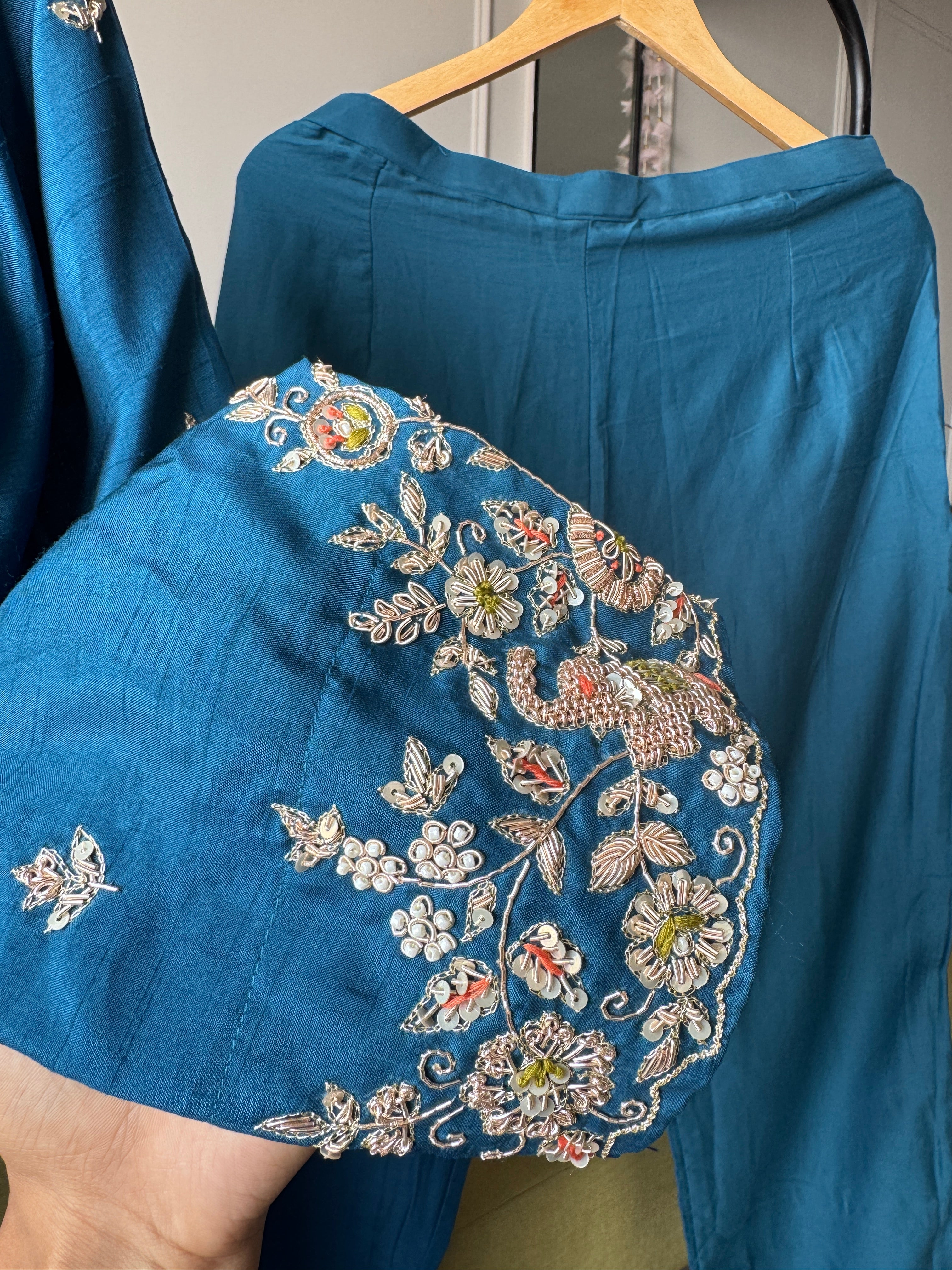 Kajal Handwork Mul Chanderi Anarkali Dress-Blue