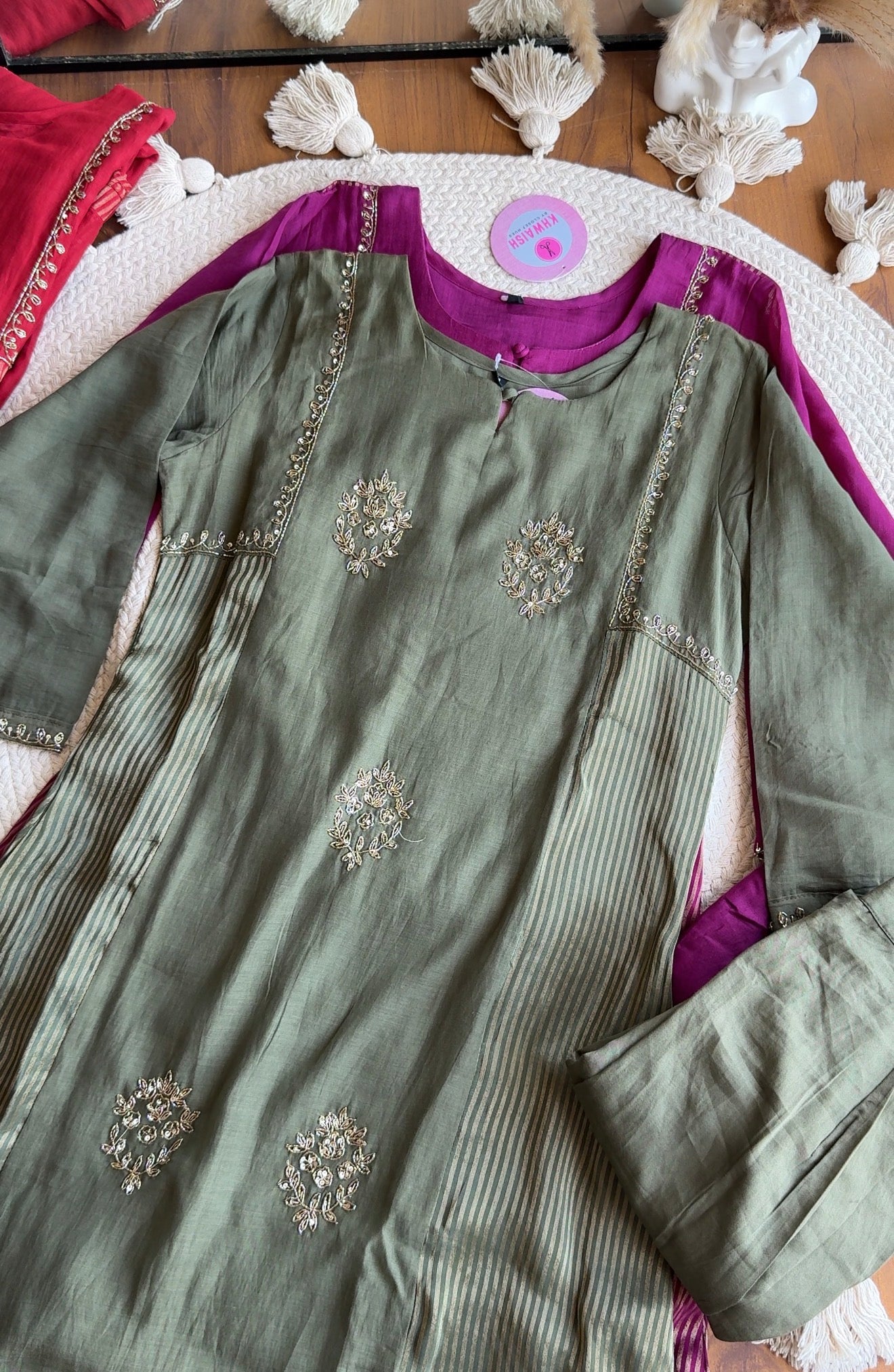 Aishwarya Striped Tissue with Mul Chanderi Dress- Green